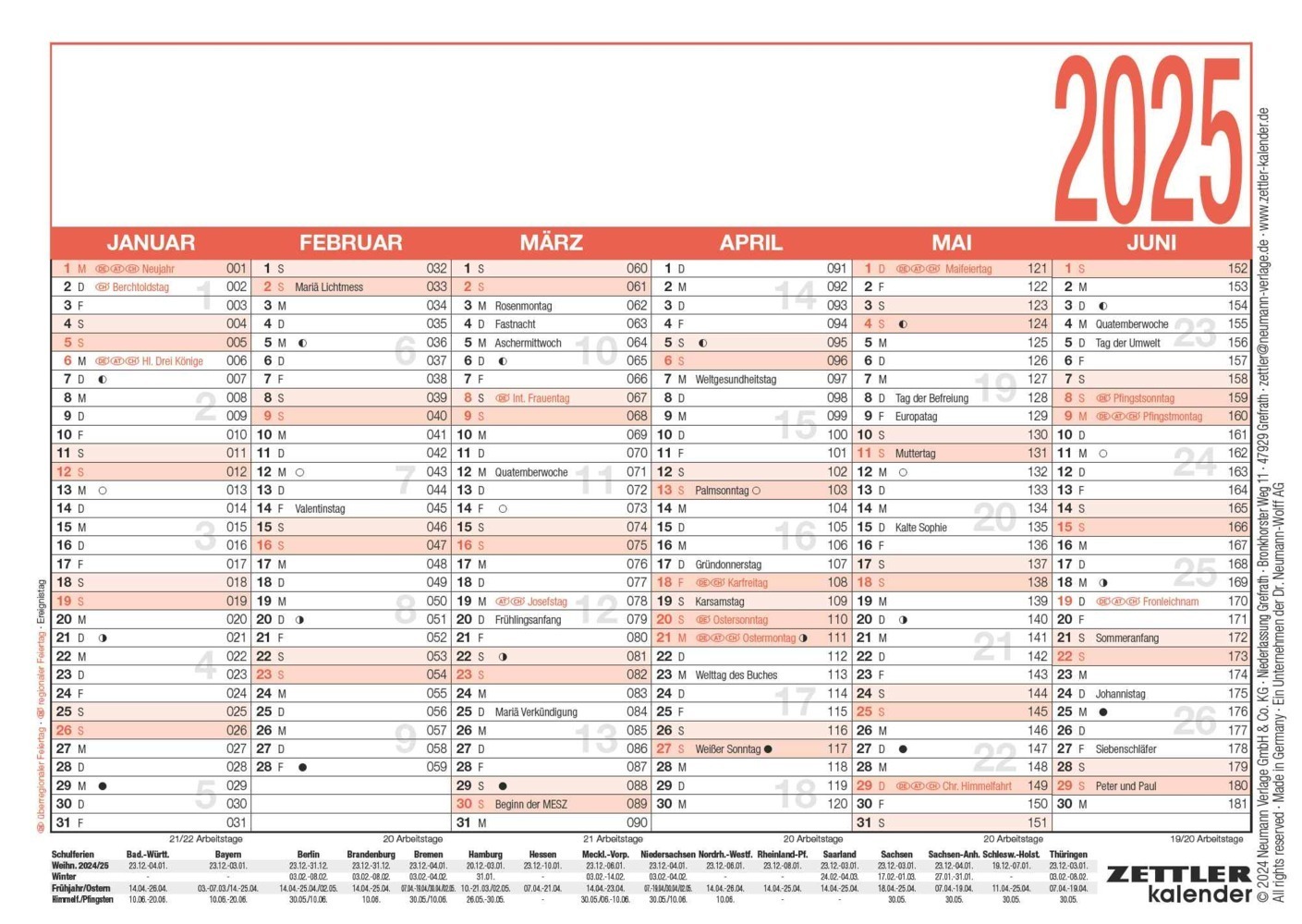 Cover: 4006928025299 | Arbeitstagekalender 2025 - A6 (14,8 x 10,5 cm) - 6 Monate auf 1...