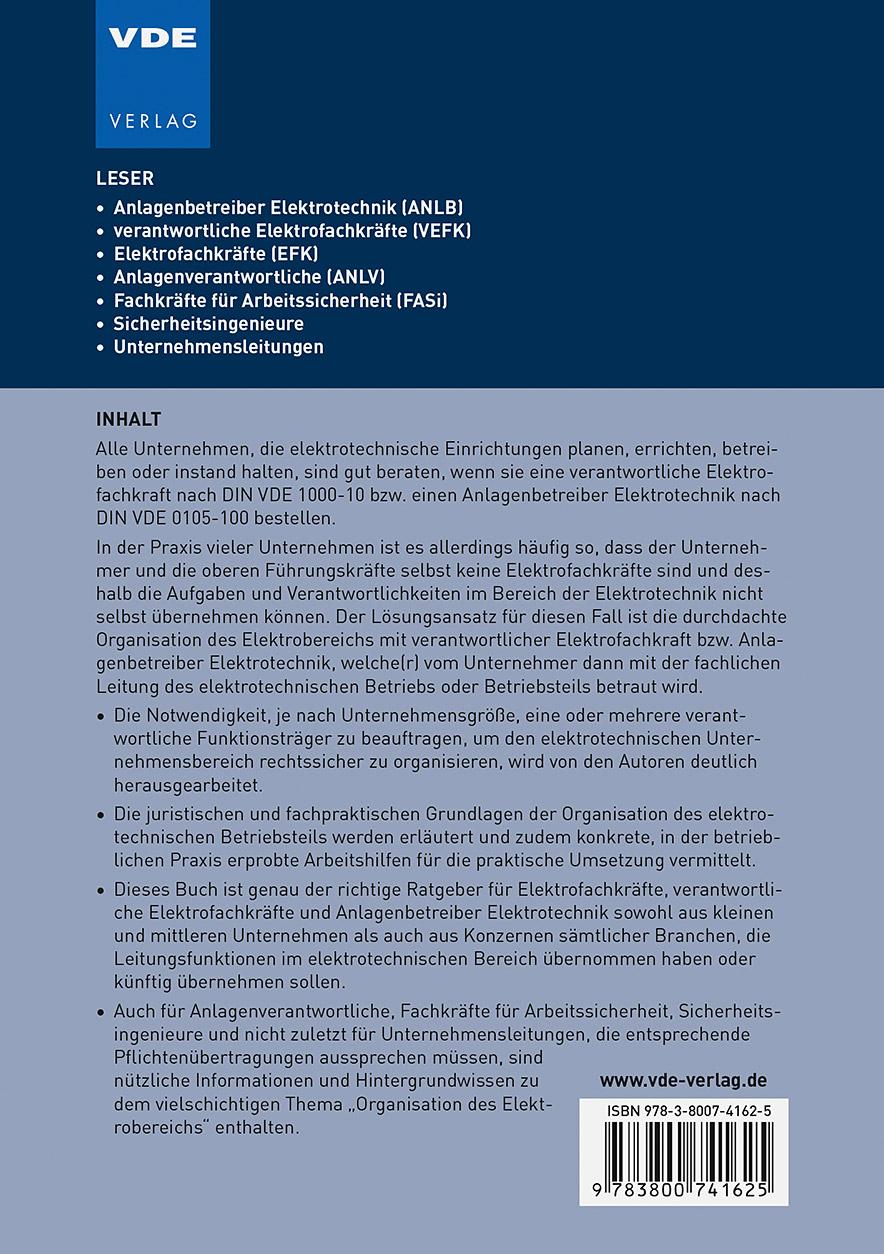 Rückseite: 9783800741625 | Anlagenbetreiber Elektrotechnik und verantwortliche Elektrofachkraft