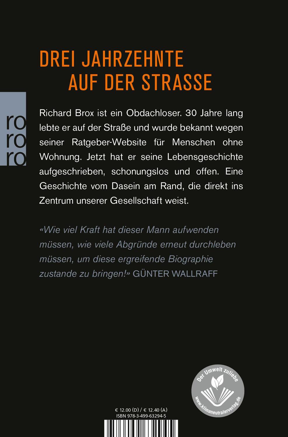 Rückseite: 9783499632945 | Kein Dach über dem Leben | Biographie eines Obdachlosen | Richard Brox