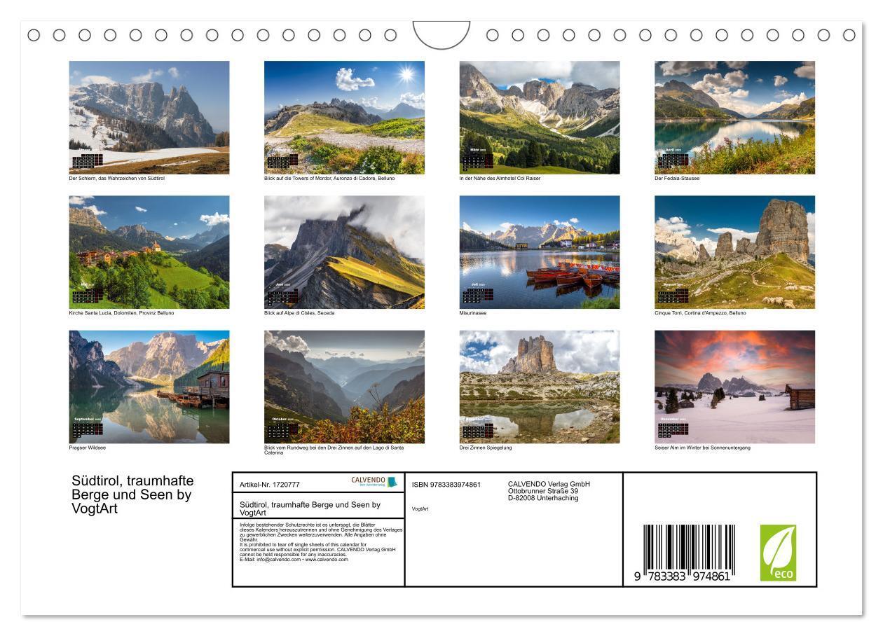 Bild: 9783383974861 | Südtirol, traumhafte Berge und Seen by VogtArt (Wandkalender 2025...