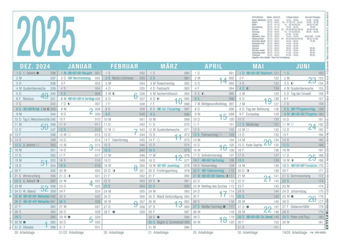 Cover: 4006928025367 | Arbeitstagekalender grau/türkis 2025 - A4 (29,7 x 21 cm) - 7 Monate...