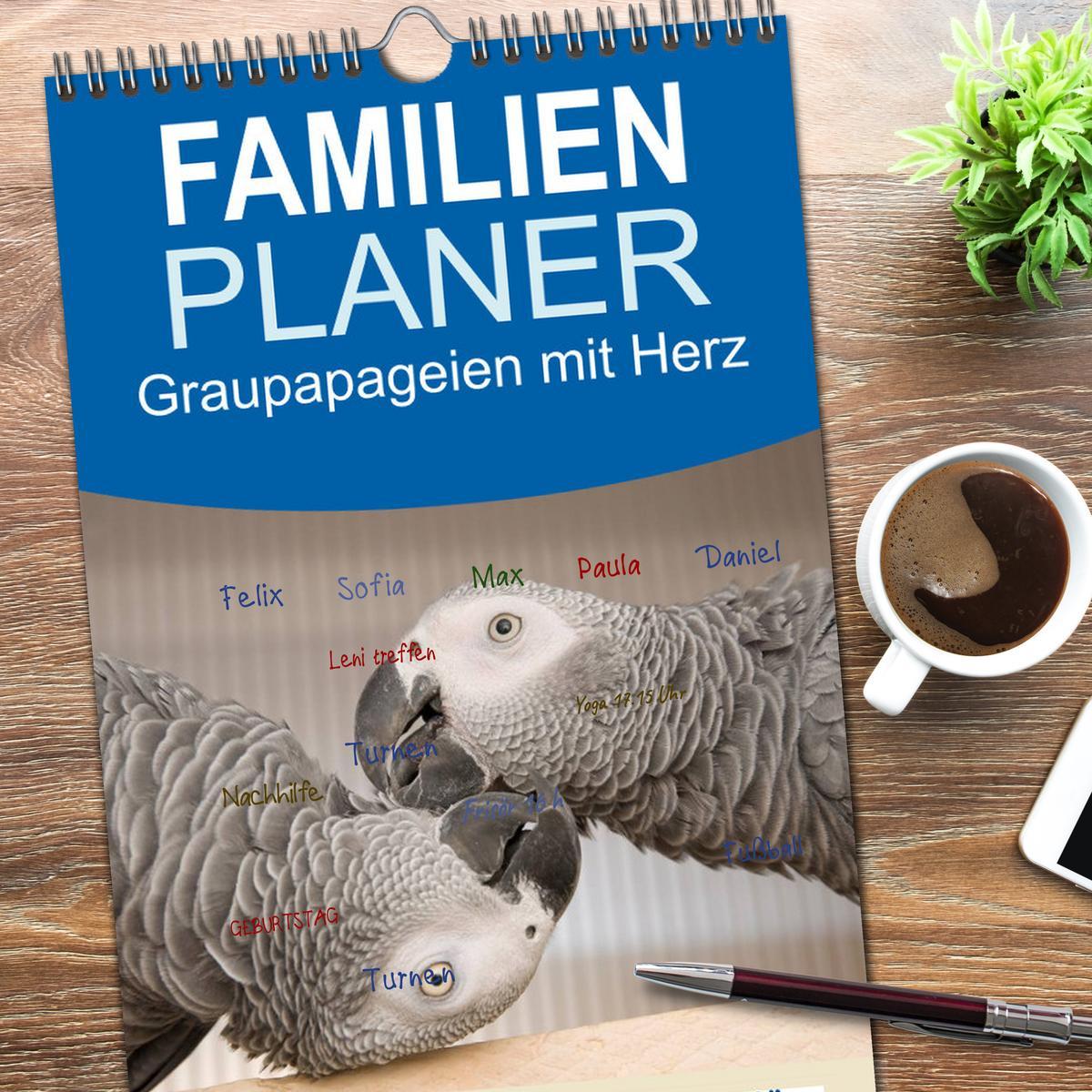 Bild: 9783457113035 | Familienplaner 2025 - Graupapageien mit Herz mit 5 Spalten...