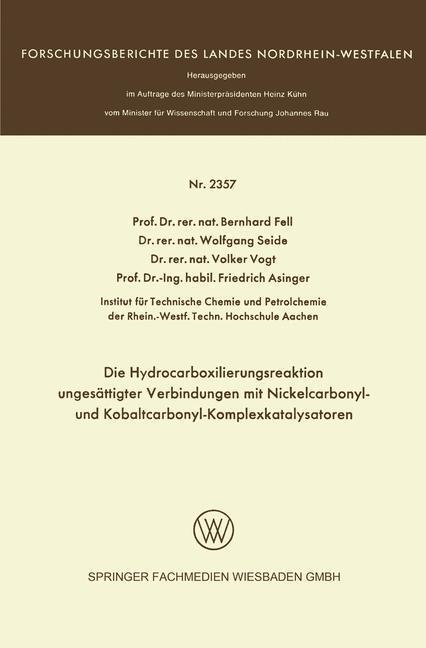 Cover: 9783531023571 | Die Hydrocarboxilierungsreaktion ungesättigter Verbindungen mit...