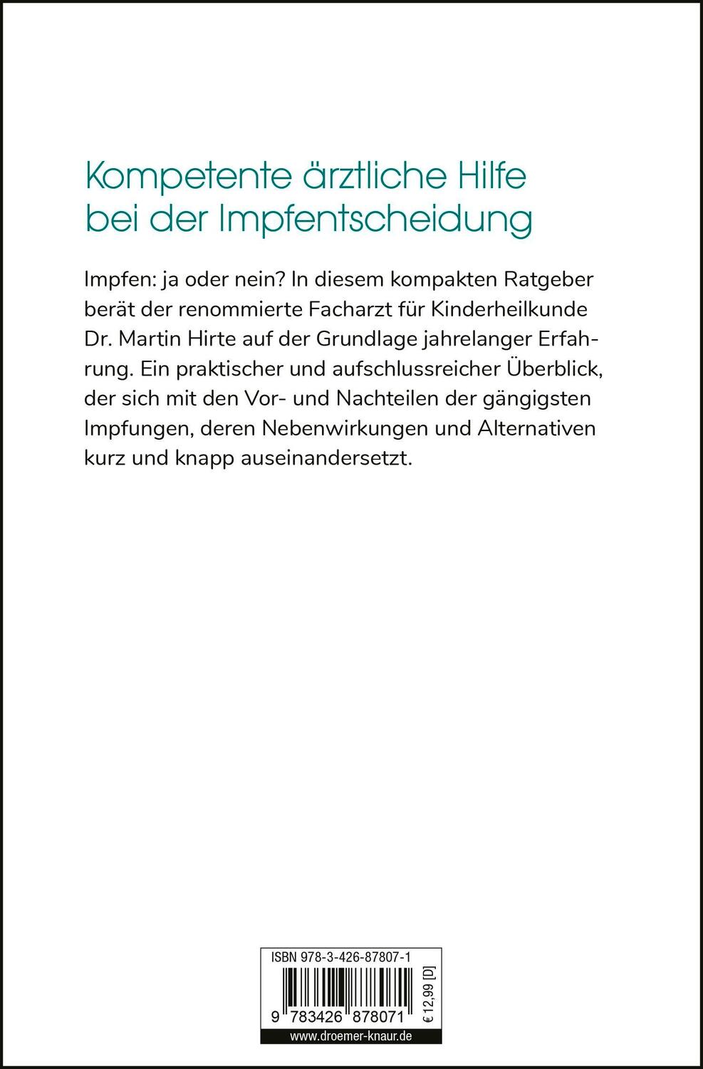 Rückseite: 9783426878071 | Impfen kurz &amp; praktisch | Martin Hirte | Taschenbuch | 103 S. | 2018