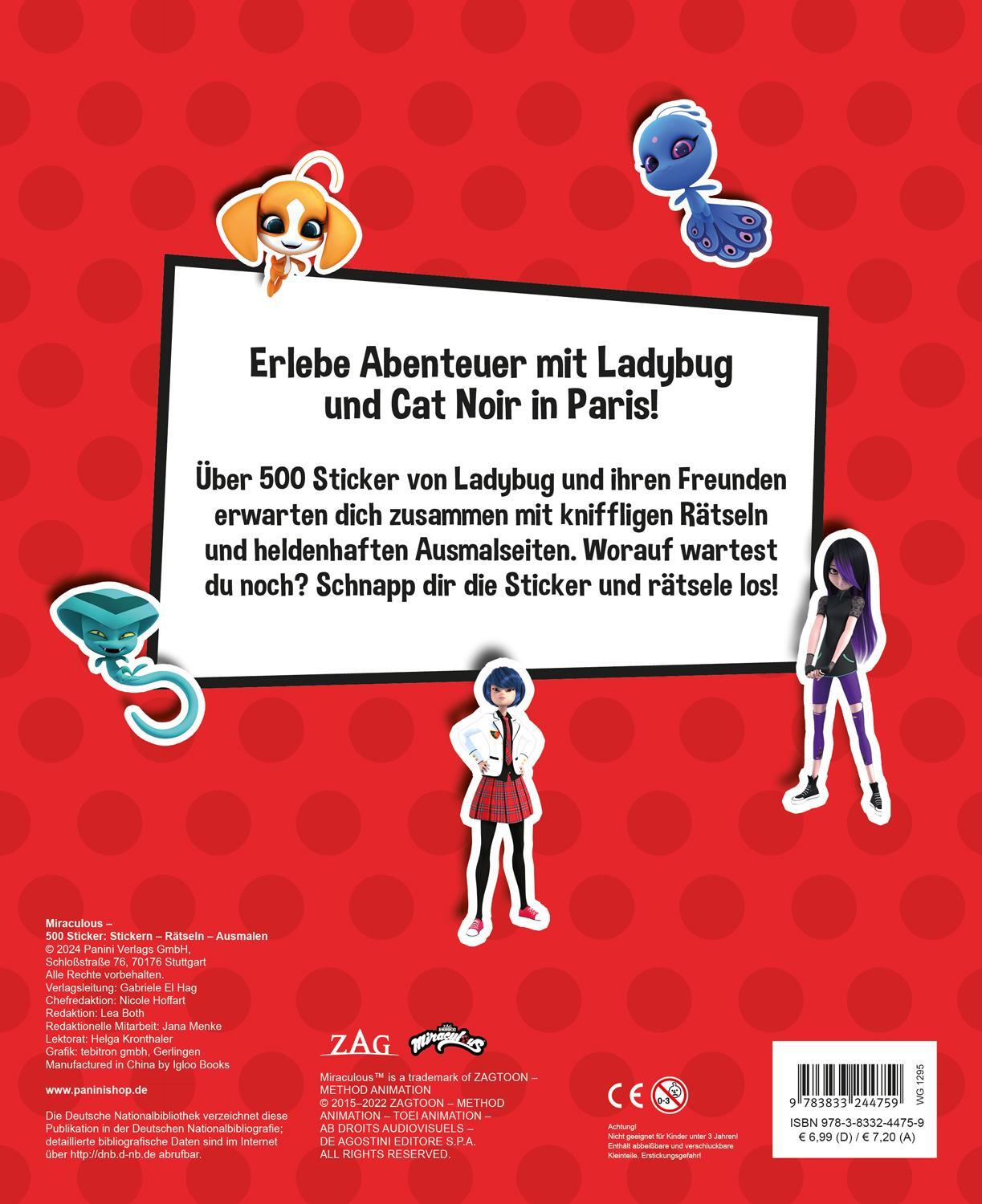 Rückseite: 9783833244759 | Miraculous: 500 Sticker - Stickern - Rätseln - Ausmalen | Taschenbuch