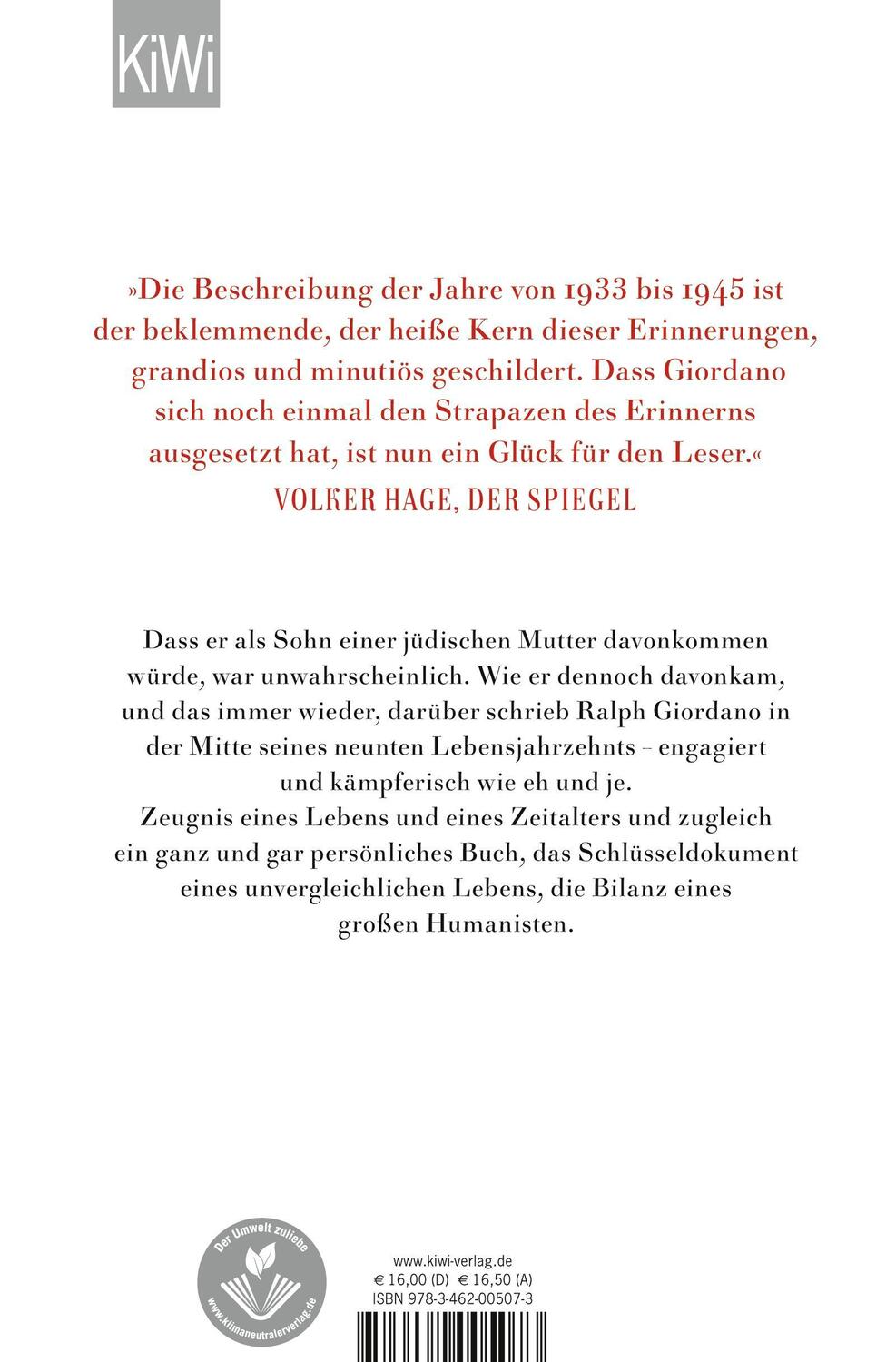 Rückseite: 9783462005073 | Erinnerungen eines Davongekommenen | Ralph Giordano | Taschenbuch