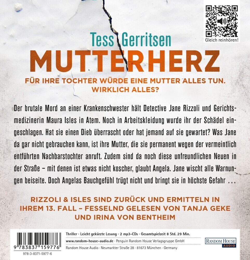 Bild: 9783837159776 | Mutterherz, 2 Audio-CD, 2 MP3 | Thriller | Tess Gerritsen | Audio-CD