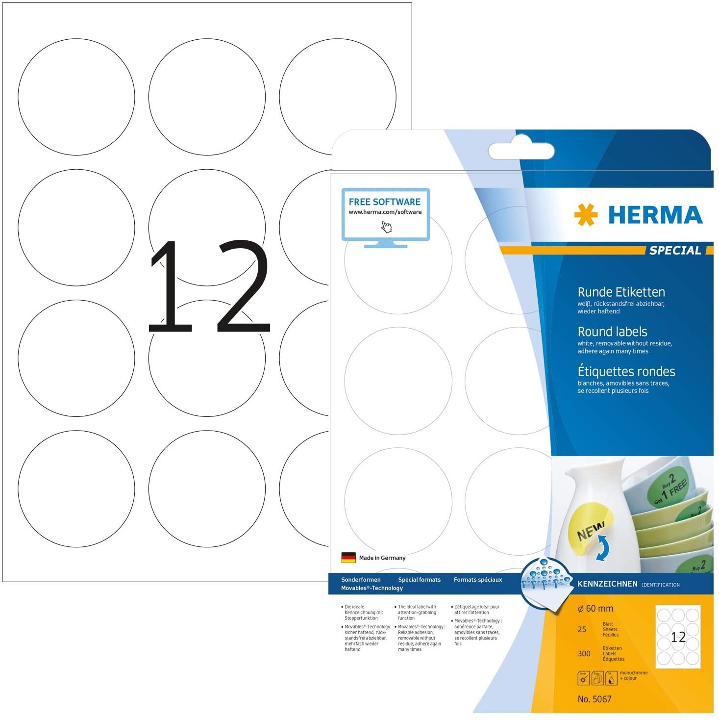 Cover: 4008705050678 | Herma Etiketten A4 60mm rund 25 Blatt 300 Stück | 5067 | 2020 | Herma