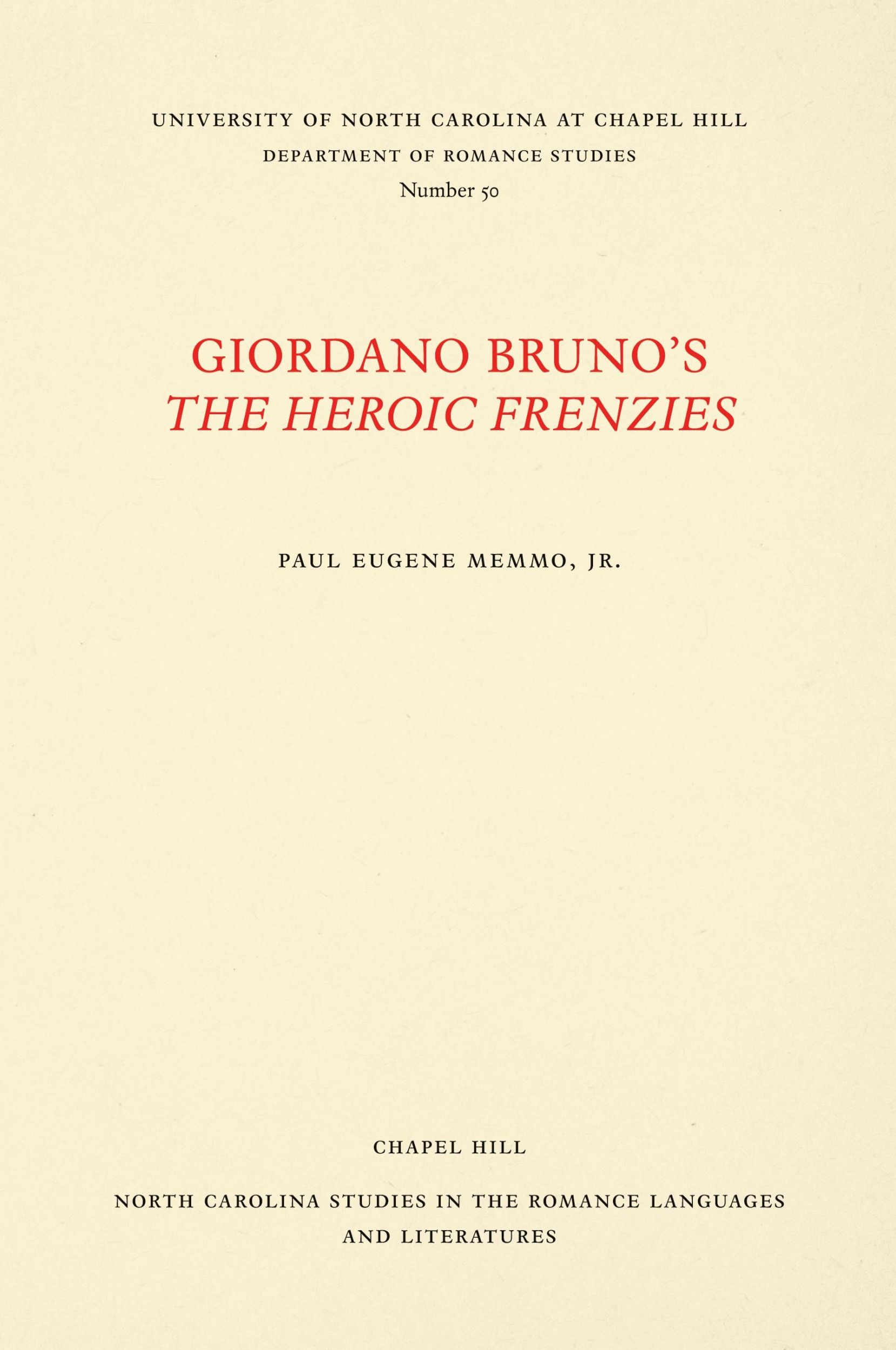 Cover: 9780807890509 | Giordano Bruno's The Heroic Frenzies | Paul Eugene Memmo Jr | Buch