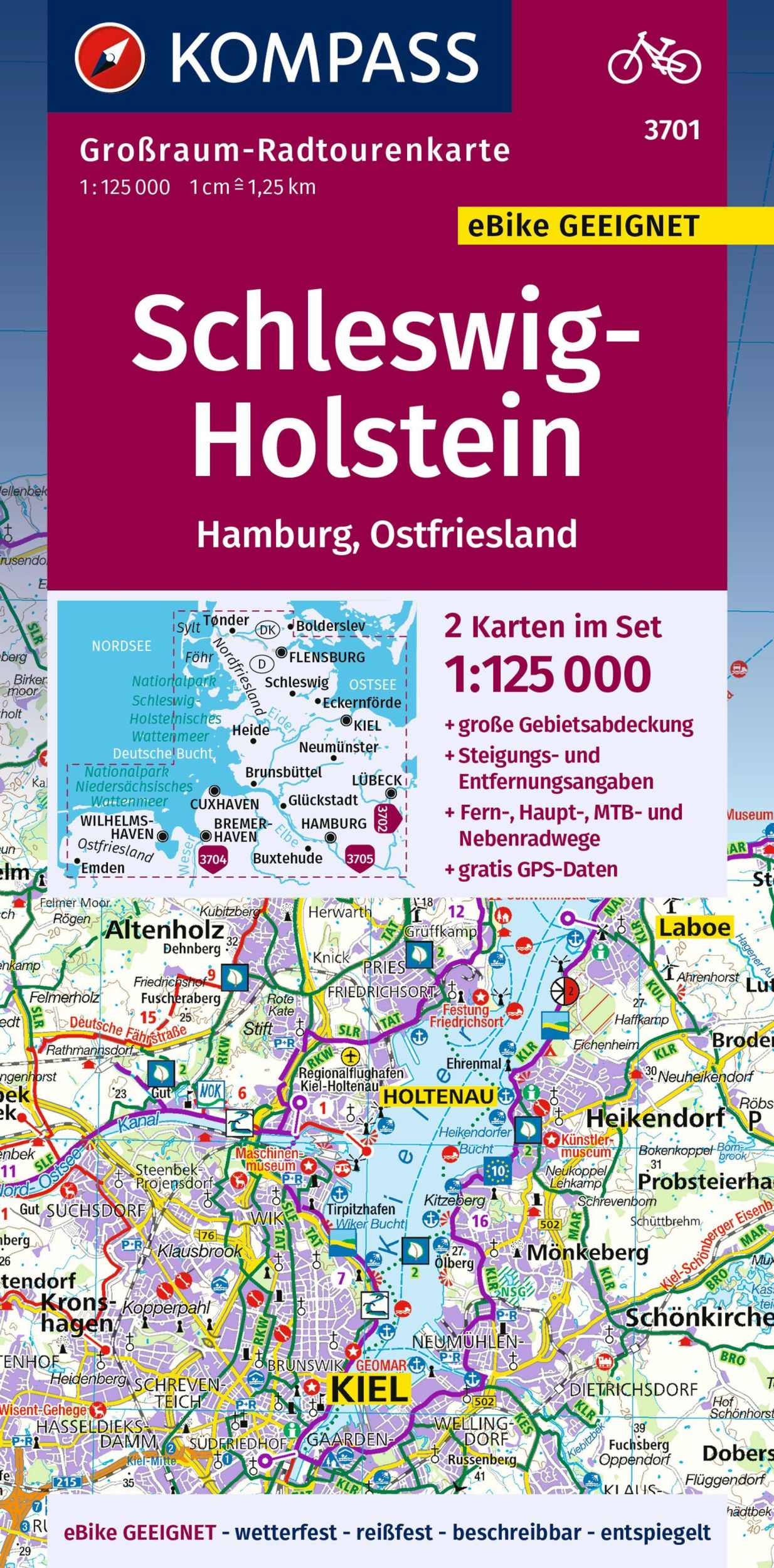 Cover: 9783991542575 | KOMPASS Großraum-Radtourenkarte 3701 Schleswig-Holstein, Hamburg,...