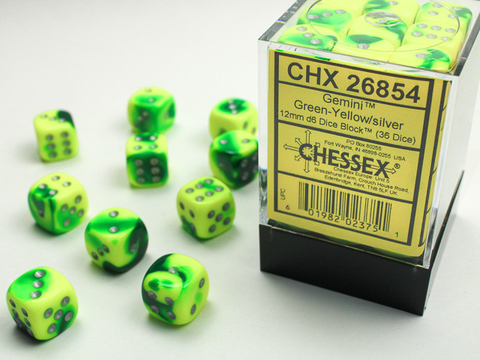 Cover: 601982023751 | Gemini® 12mm d6 Green-Yellow/silver Dice Block™ (36 dice) | deutsch