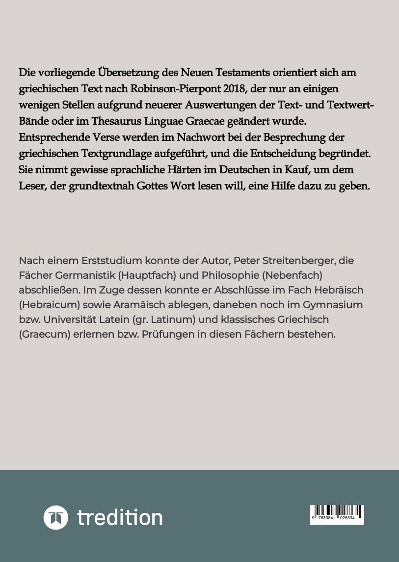 Rückseite: 9783384028334 | Das Neue Testament nach Robinson-Pierpont | Peter Streitenberger