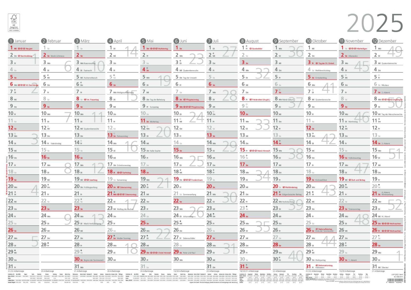 Cover: 4006928025442 | Zettler - Plakatkalender 2025, 59,4x42cm, Jahresplaner mit...