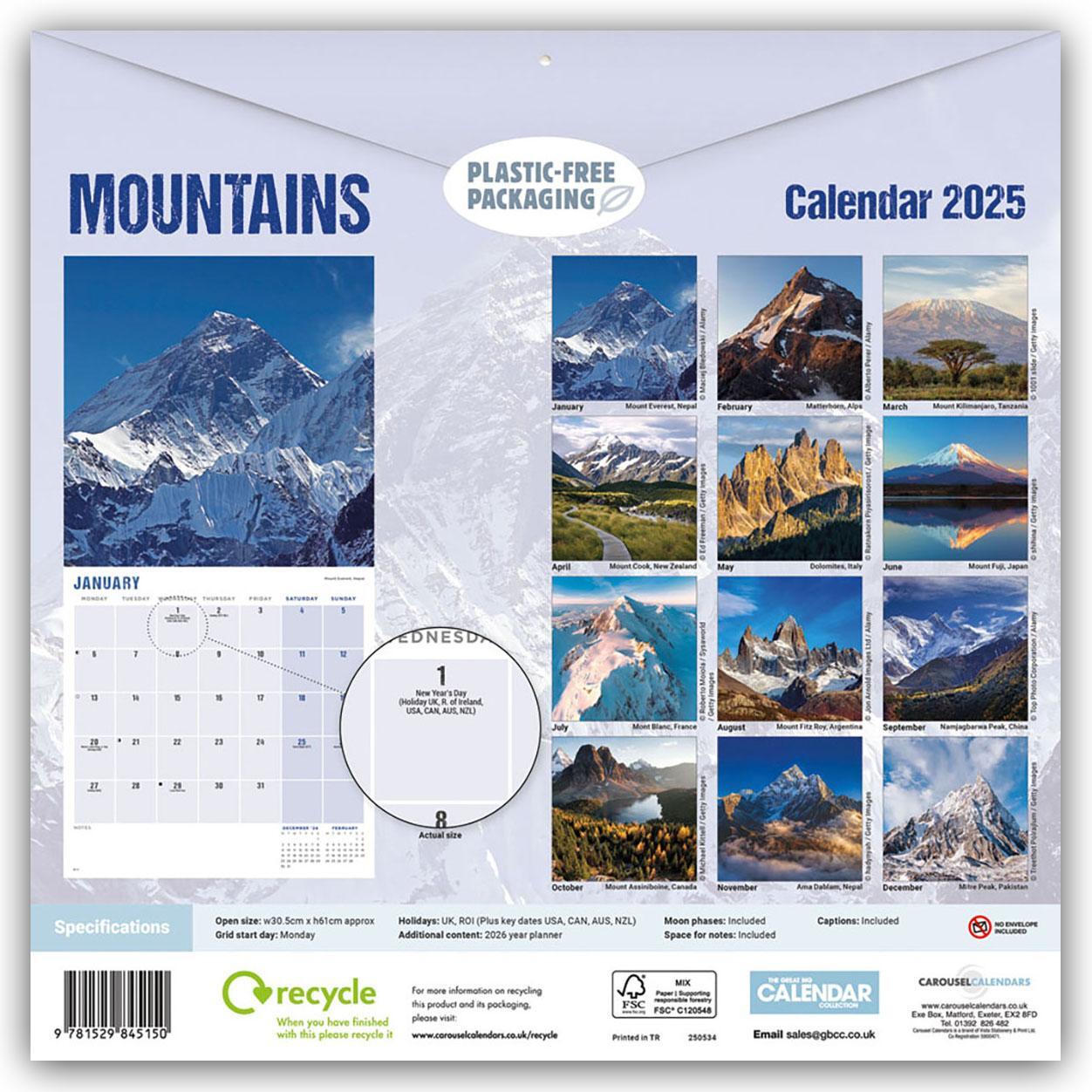 Rückseite: 9781529845150 | Mountains - Die höchsten Berge 2025 - Wand-Kalender | Calendar | 14 S.