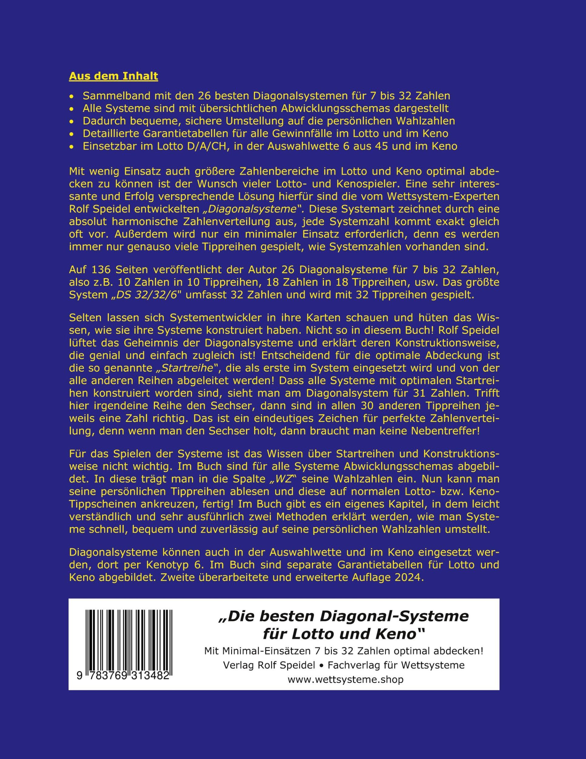 Rückseite: 9783769313482 | Die besten Diagonal-Systeme für Lotto und Keno | Rolf Speidel | Buch