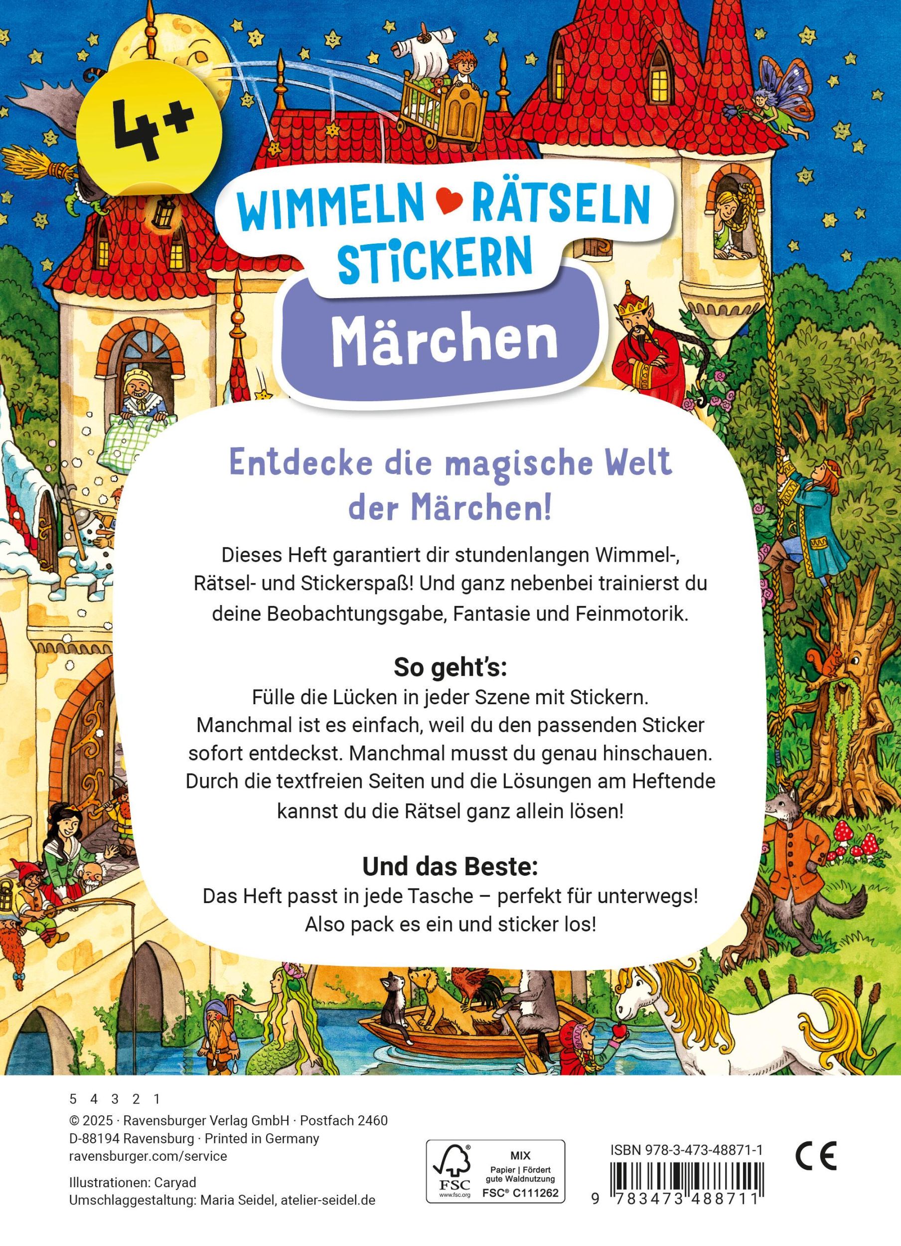 Rückseite: 9783473488711 | Wimmeln, Rätseln, Stickern: Märchen | Caryad | Taschenbuch | 32 S.