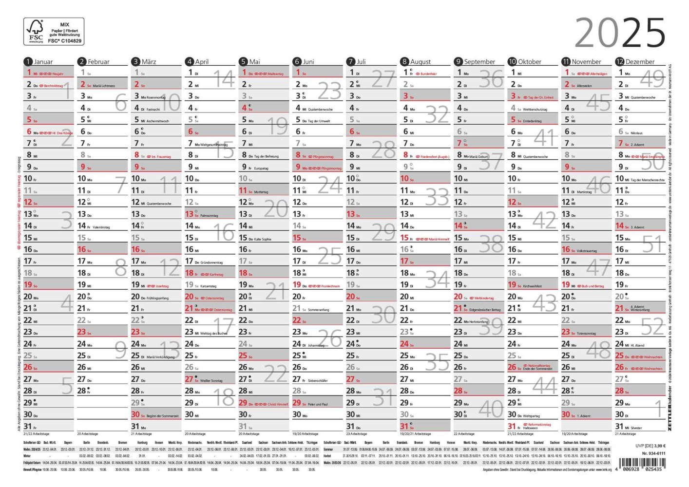 Cover: 4006928025435 | Zettler - Plakatkalender 2025, 29,7x21cm, Jahresplaner mit...