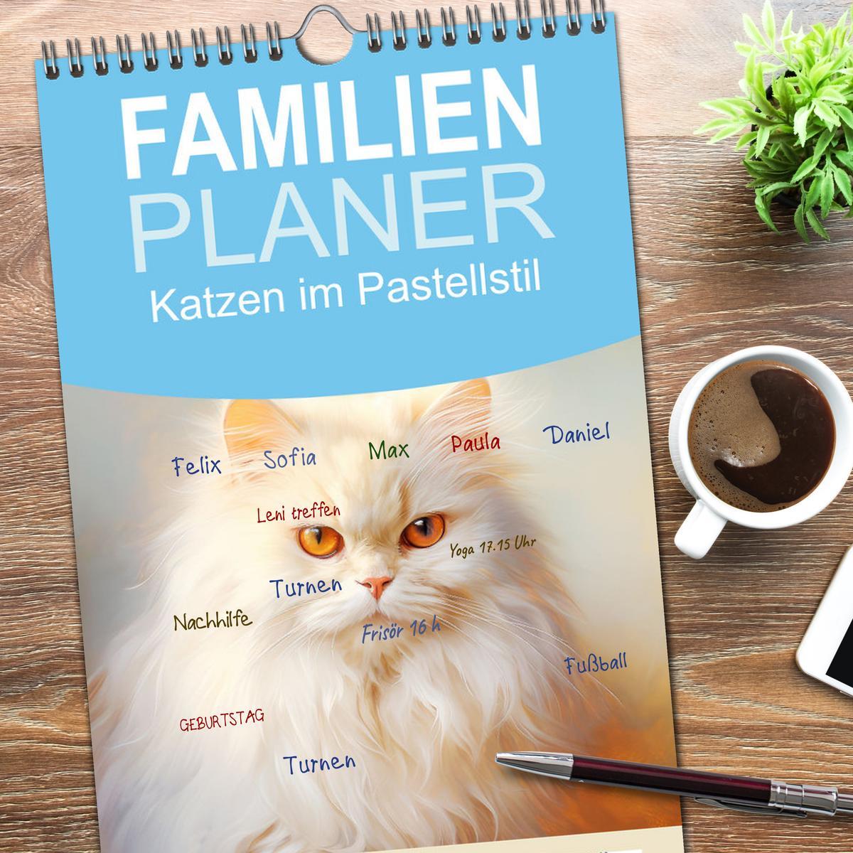 Bild: 9783457188354 | Familienplaner 2025 - Katzen im Pastellstil mit 5 Spalten...