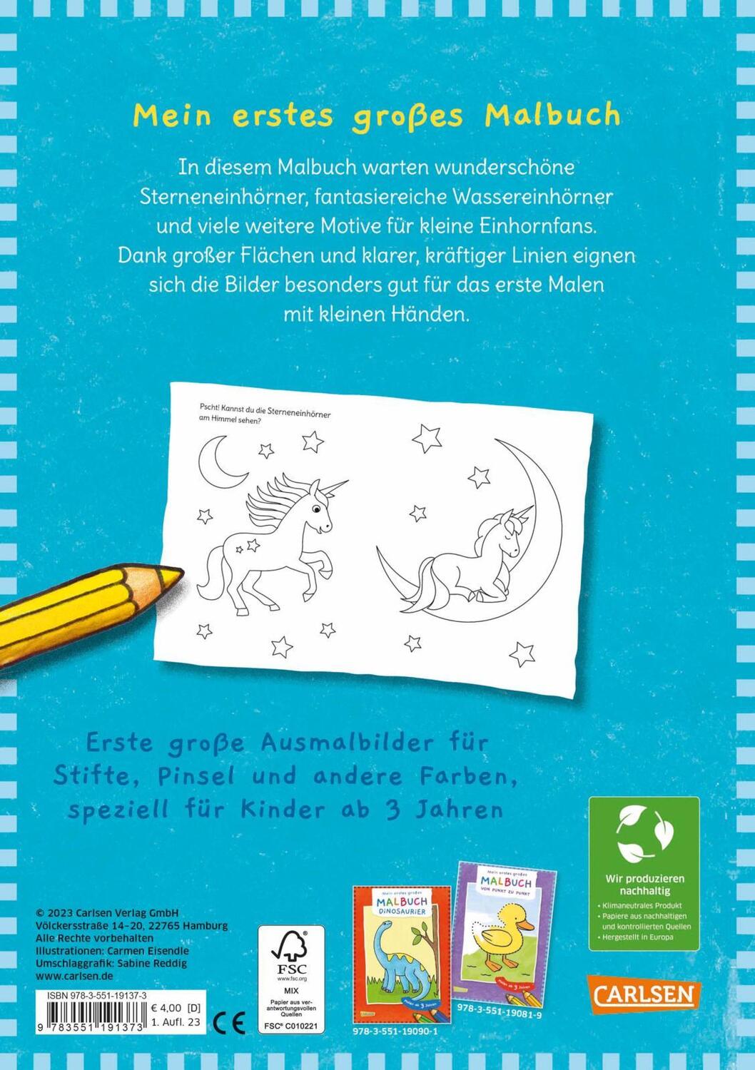 Rückseite: 9783551191373 | Ausmalbilder für Kita-Kinder: Mein erstes großes Malbuch: Einhörner