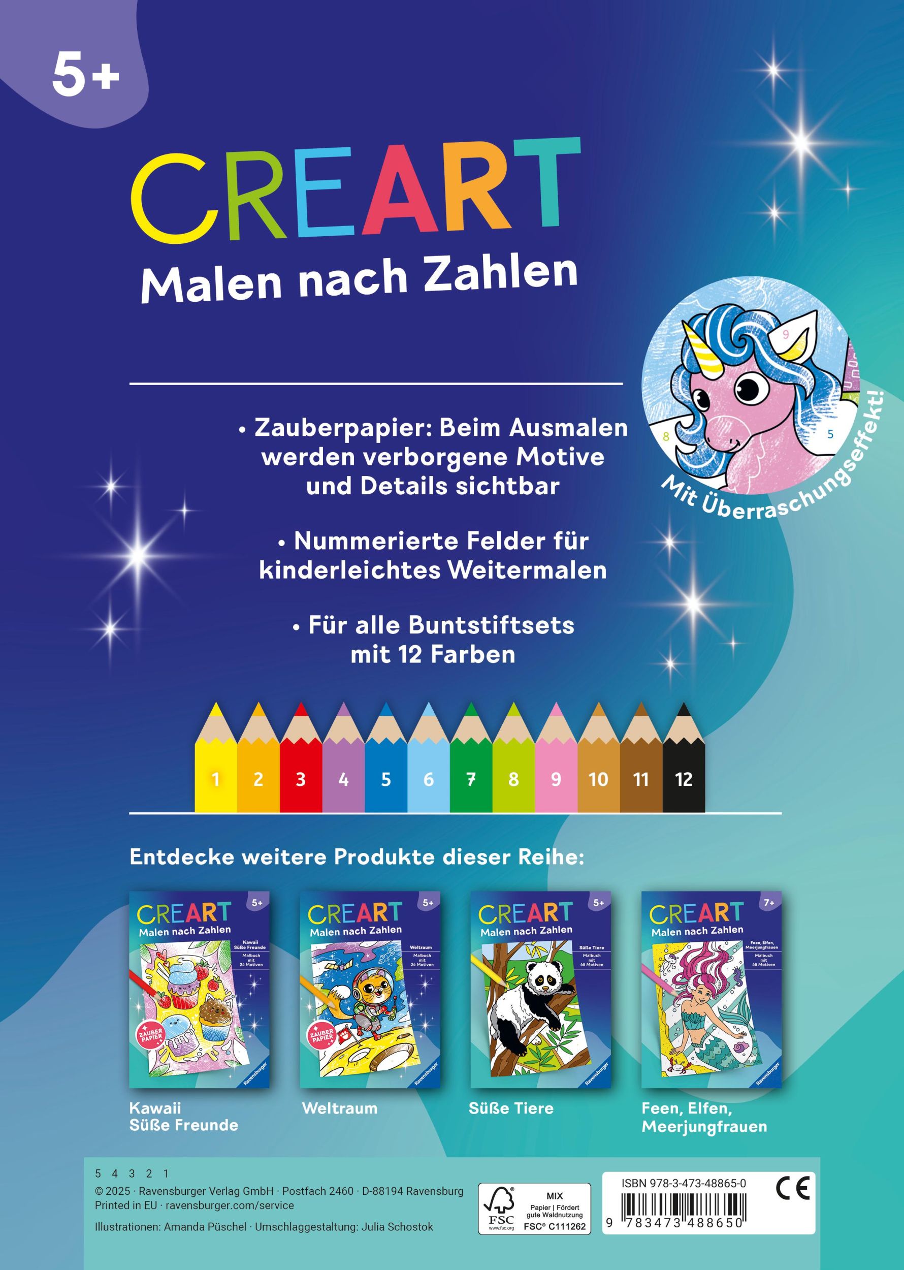 Rückseite: 9783473488650 | Ravensburger CreArt Malen nach Zahlen ab 5: Einhorn Zauber,...