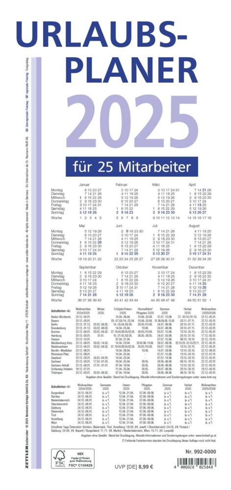 Cover: 4006928025848 | Zettler - Urlaubsplaner 2025 weiß/blau, 100x29,7cm, Wandplaner mit...