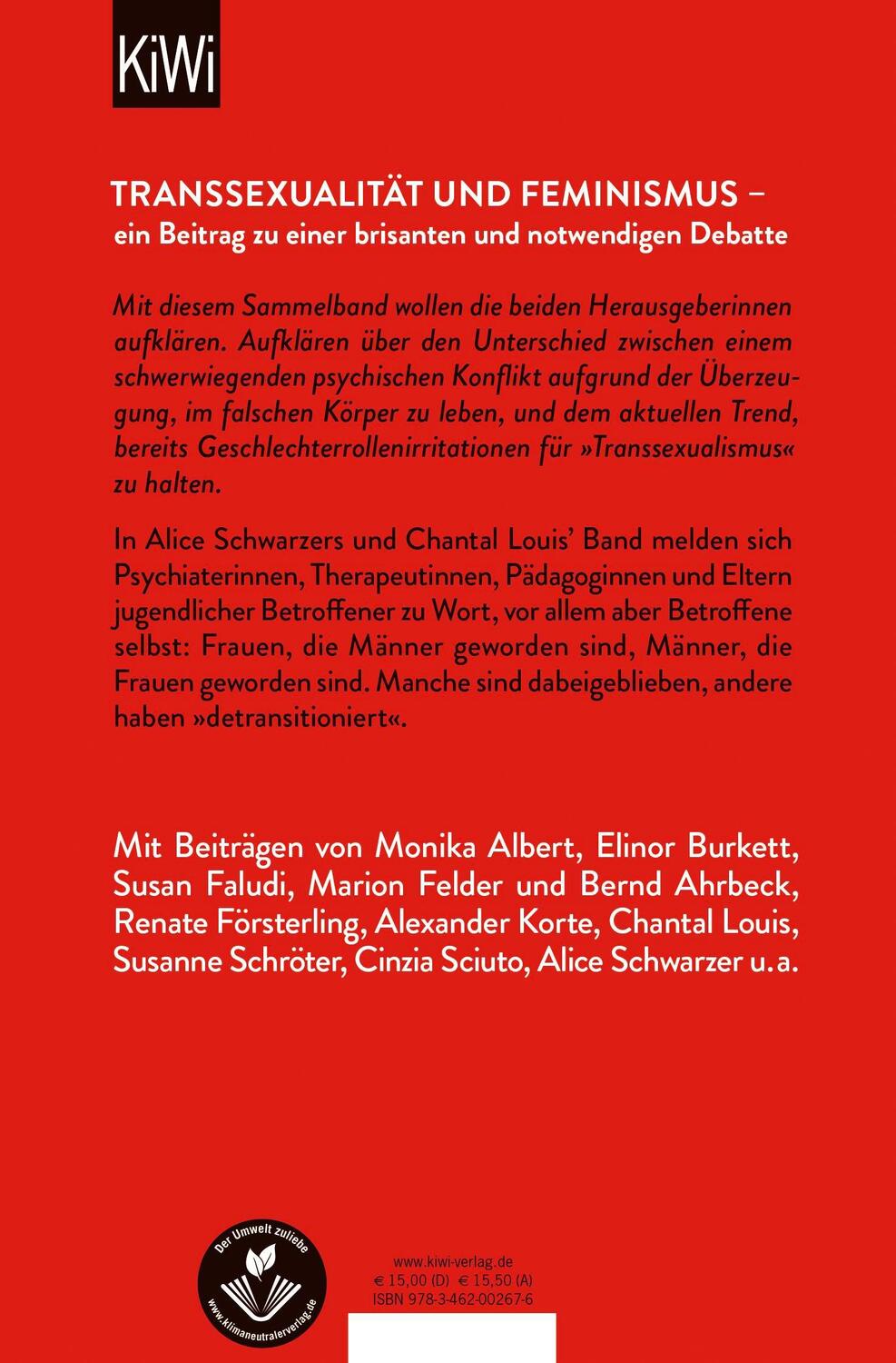 Rückseite: 9783462002676 | Transsexualität | Alice Schwarzer (u. a.) | Taschenbuch | 218 S.