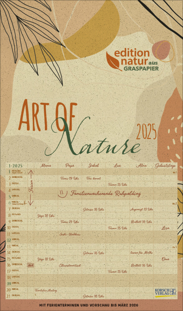 Cover: 9783731880400 | Familienplaner Art of Nature aus Graspapier 2025 | Korsch Verlag