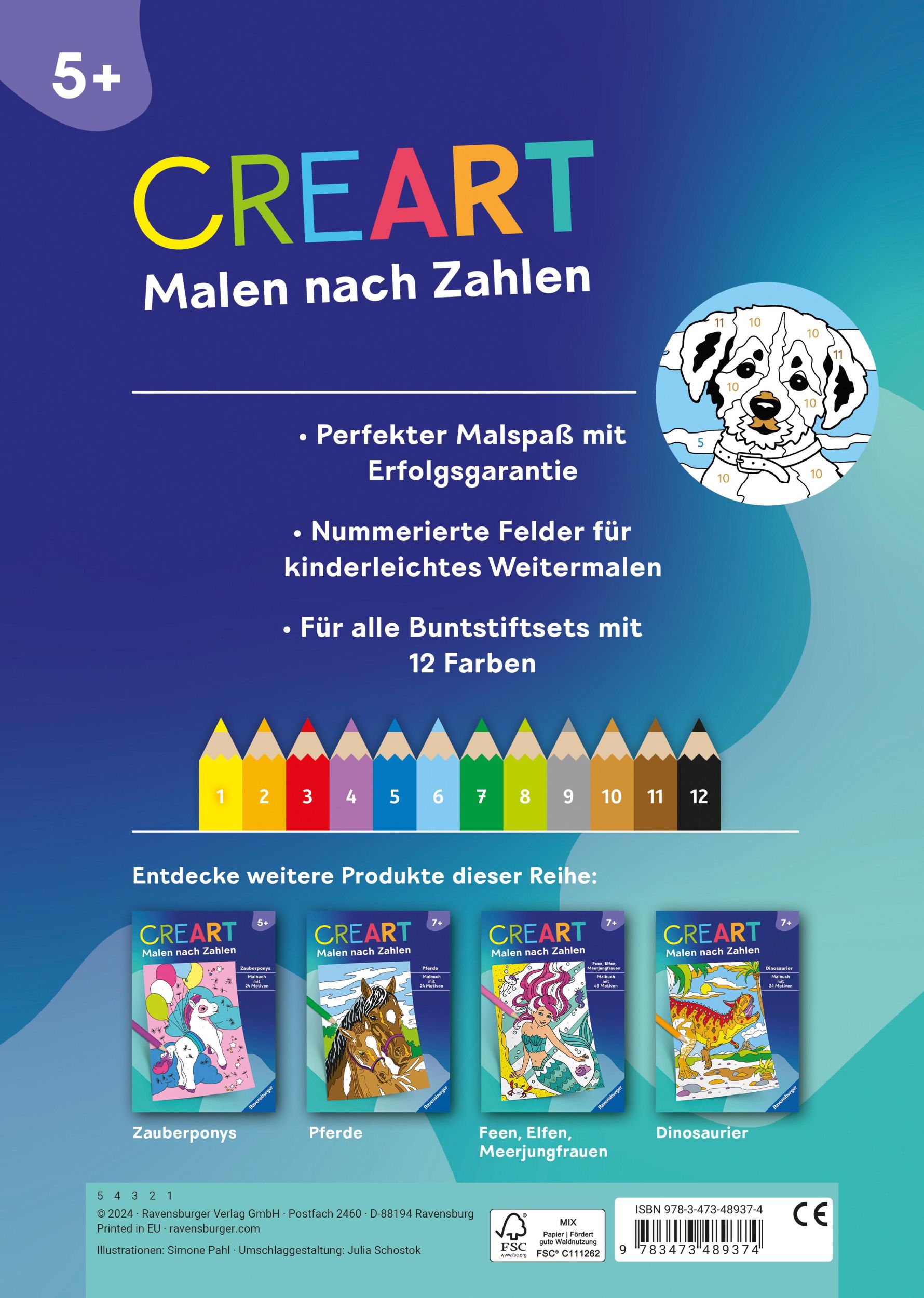 Rückseite: 9783473489374 | Ravensburger CreArt Malen nach Zahlen ab 5: Tierkinder, Malbuch, 24...