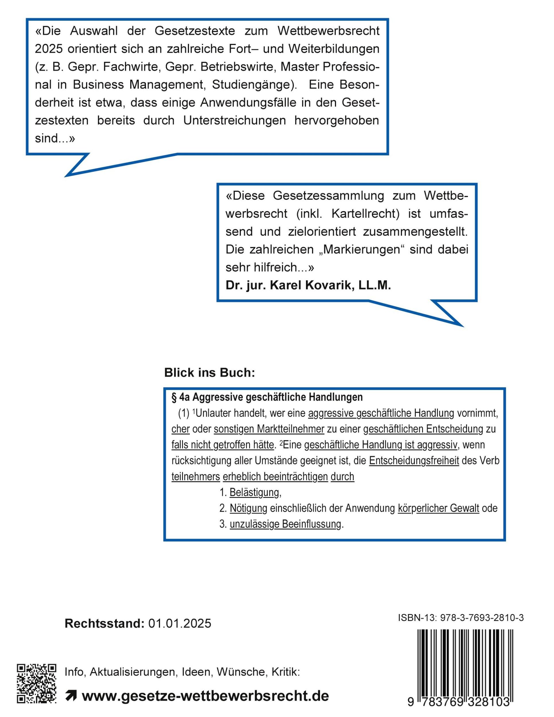 Rückseite: 9783769328103 | Wettbewerbsrecht 2025 | Gesetzestexte für die Weiterbildung | Pulic