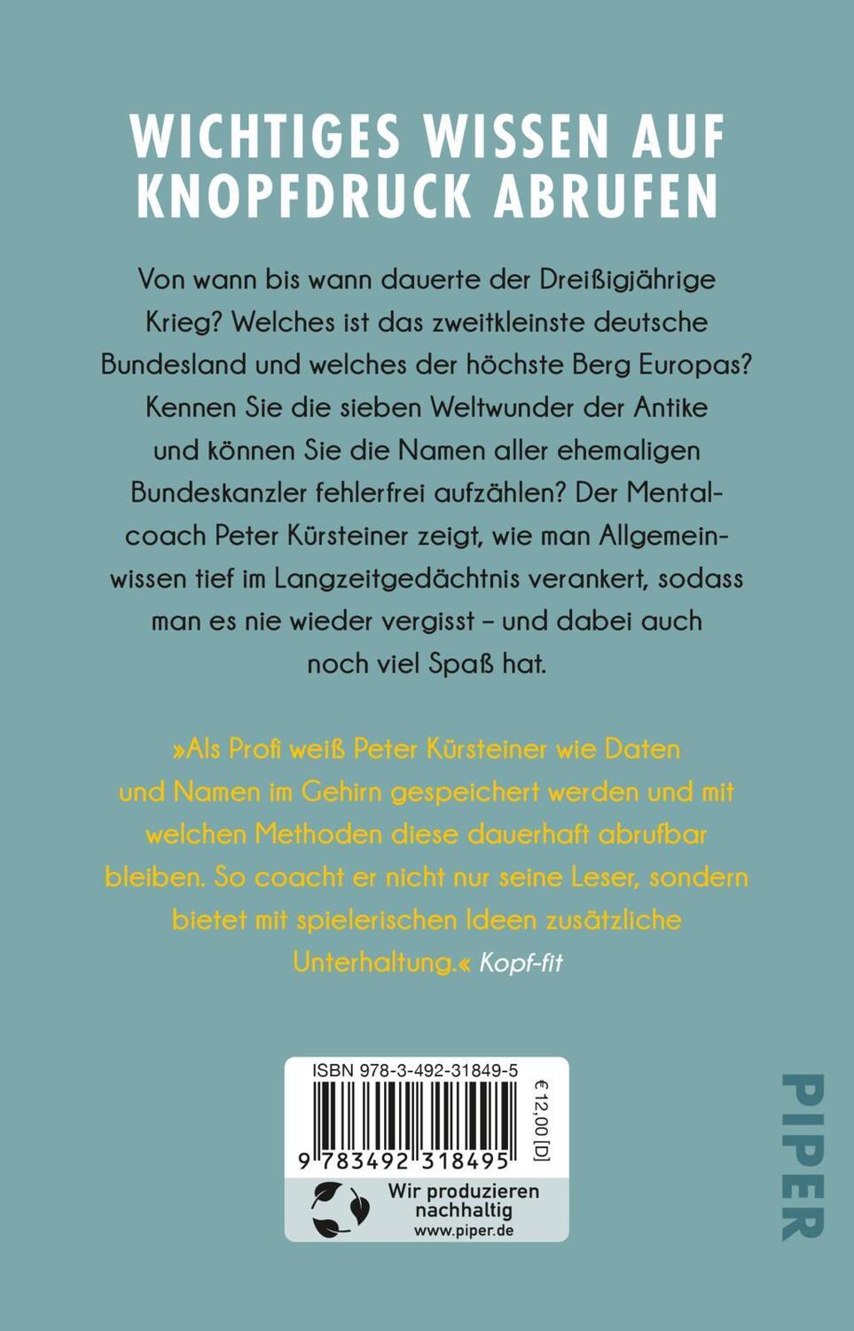 Rückseite: 9783492318495 | Allgemeinwissen für immer merken | Peter Kürsteiner | Taschenbuch