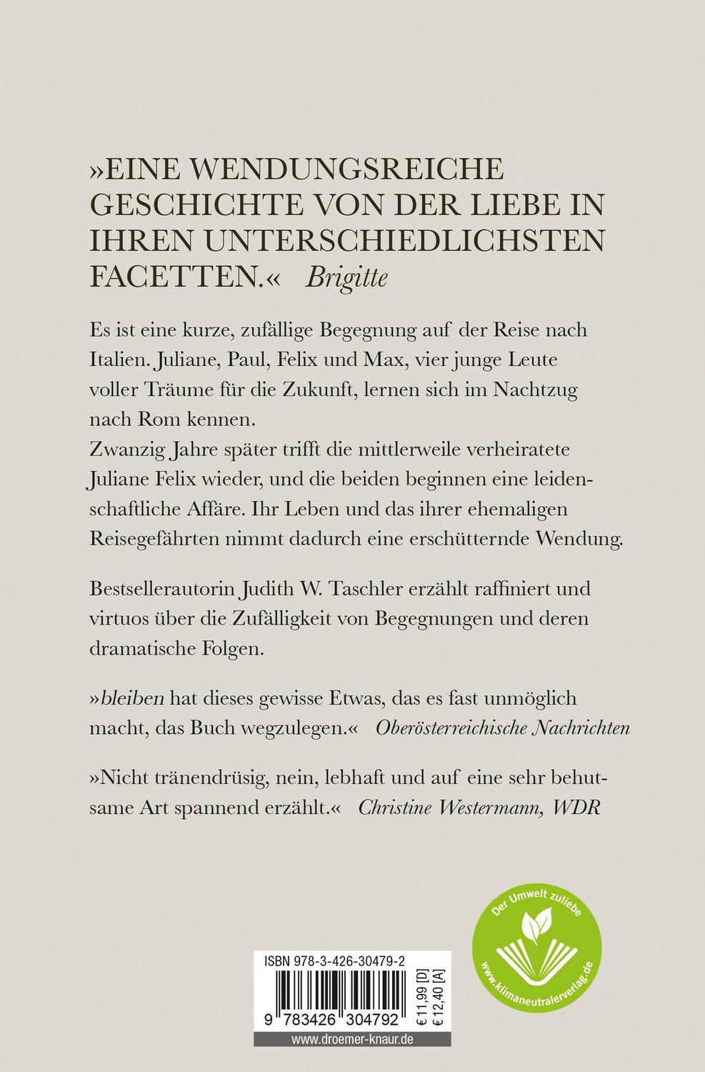 Rückseite: 9783426304792 | bleiben | Roman | Judith W. Taschler | Taschenbuch | 252 S. | Deutsch