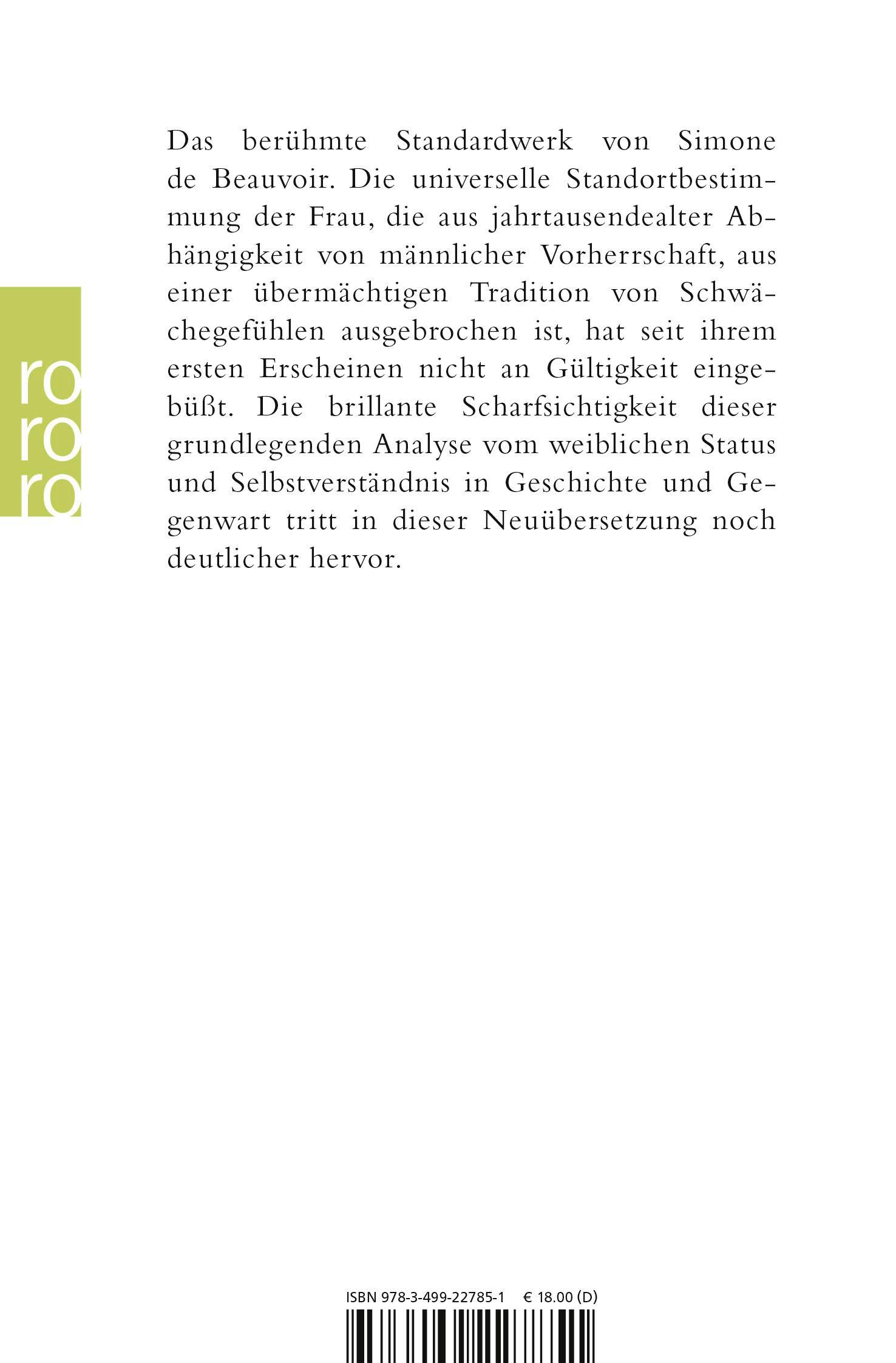 Rückseite: 9783499227851 | Das andere Geschlecht | Sitte und Sexus der Frau | Simone de Beauvoir