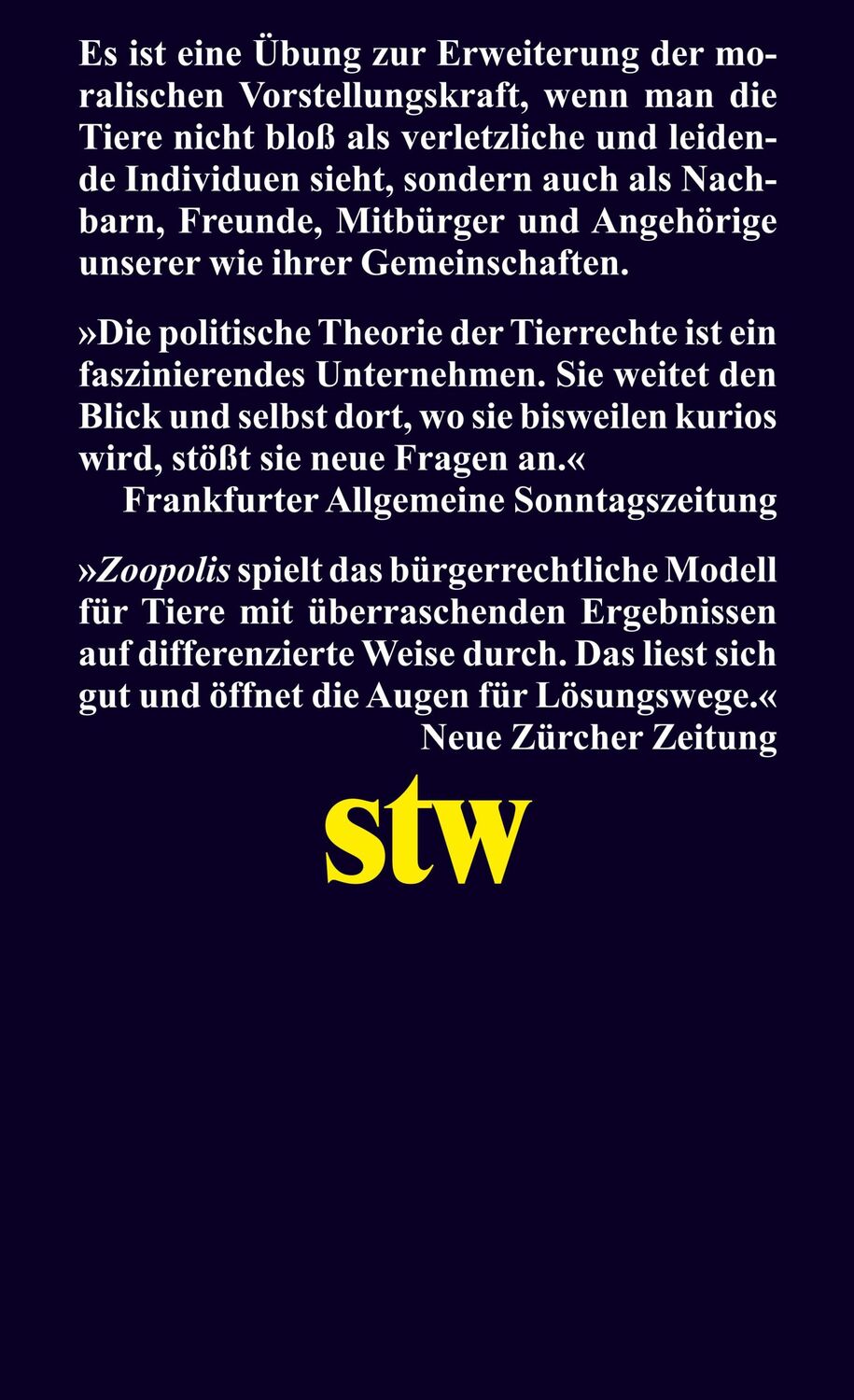 Rückseite: 9783518300114 | Zoopolis | Eine politische Theorie der Tierrechte | Donaldson (u. a.)