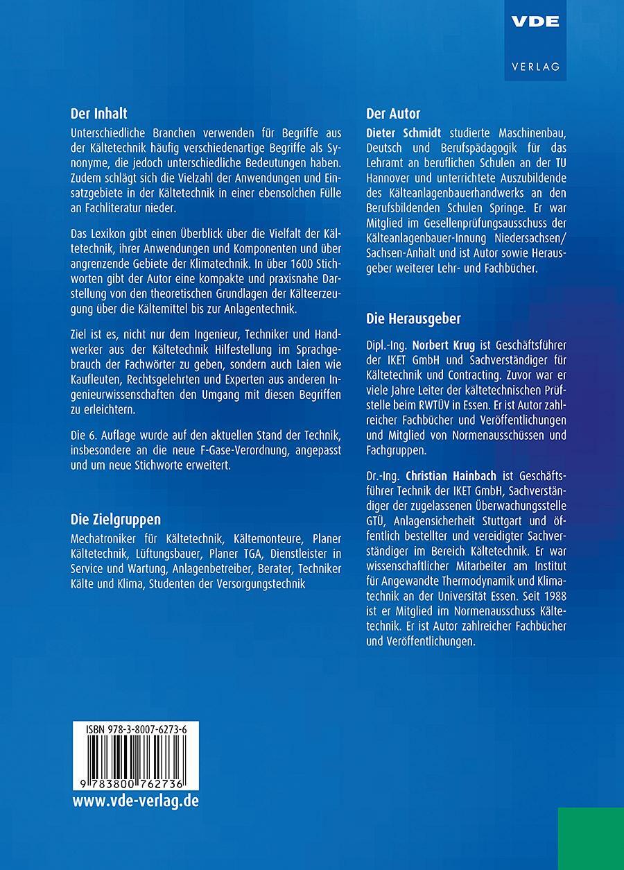 Rückseite: 9783800762736 | Lexikon Kältetechnik | Dieter Schmidt | Buch | XII | Deutsch | 2024