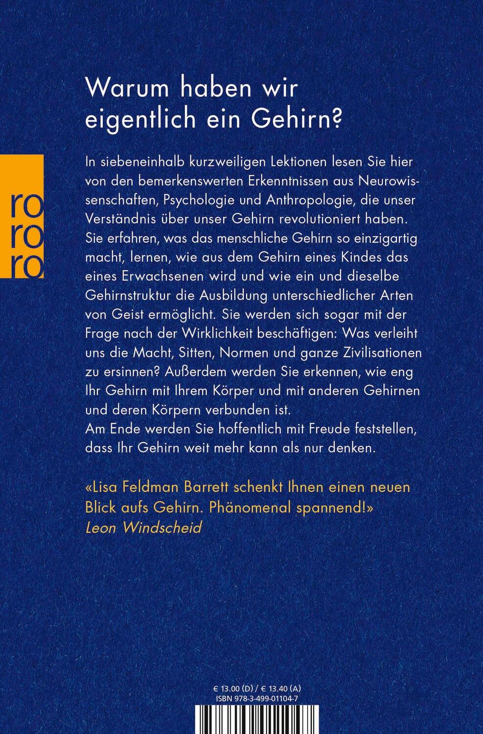 Rückseite: 9783499011047 | Siebeneinhalb Lektionen über das Gehirn | Lisa Feldman Barrett | Buch