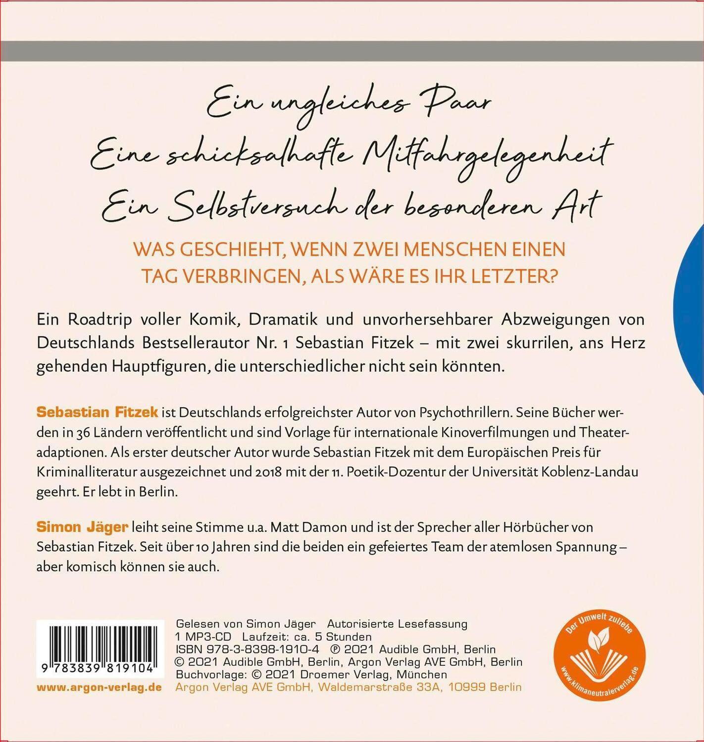 Rückseite: 9783839819104 | Der erste letzte Tag | Kein Thriller | Sebastian Fitzek | MP3 | 2021