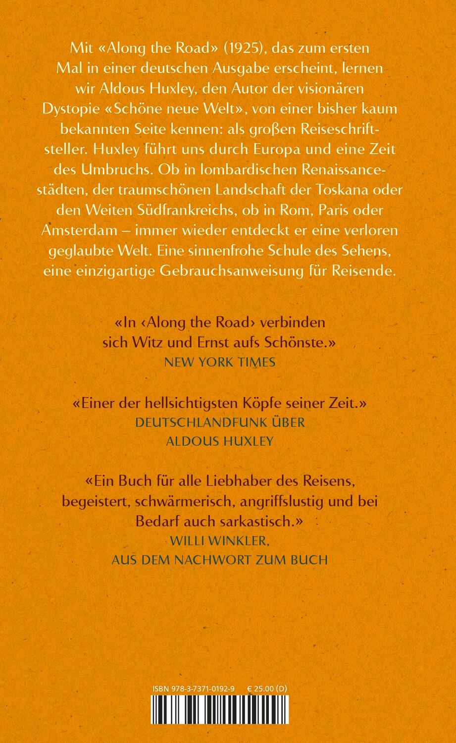 Rückseite: 9783737101929 | Along the Road | Aufzeichnungen eines Reisenden | Aldous Huxley | Buch