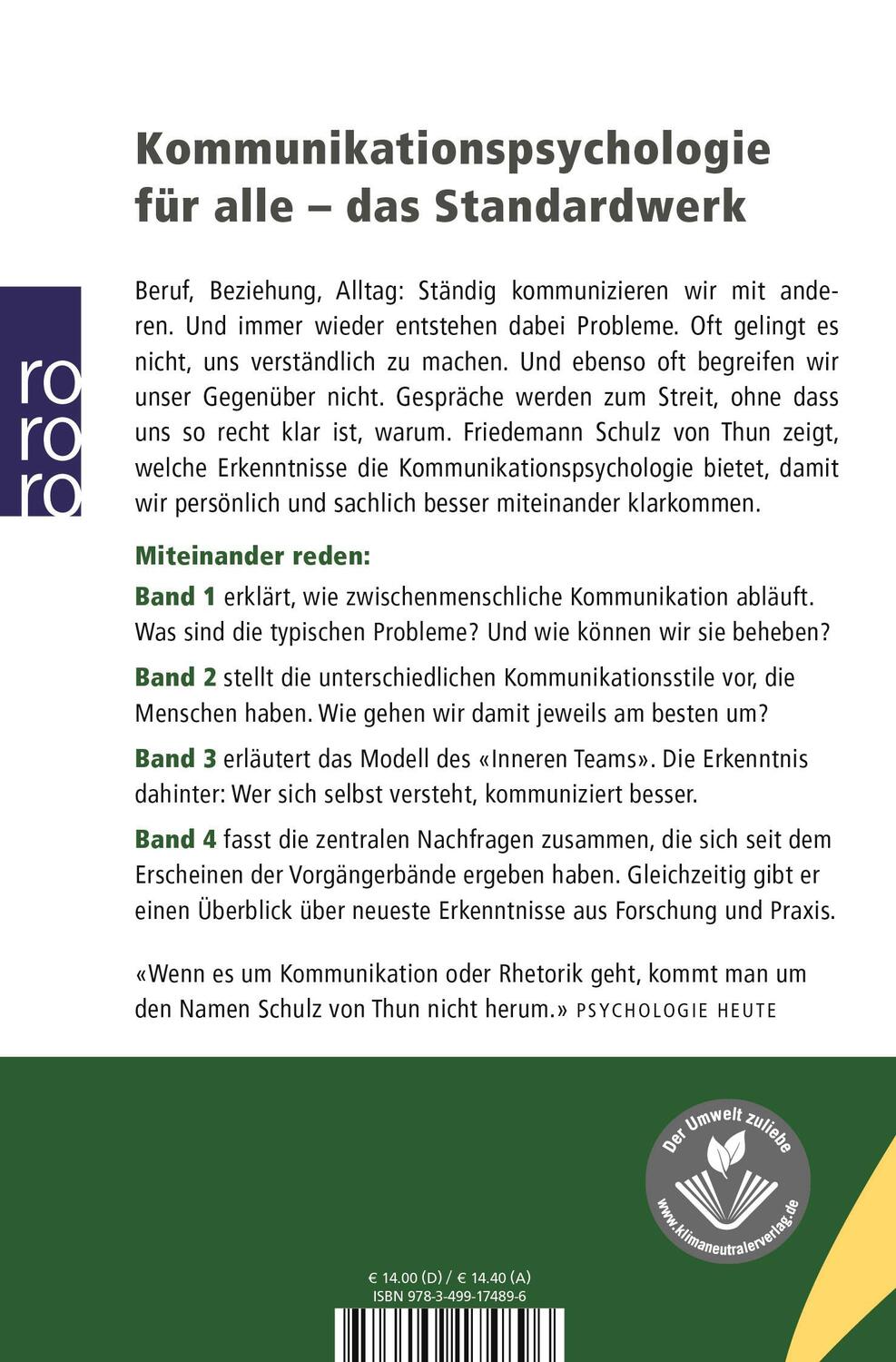 Rückseite: 9783499174896 | Miteinander reden 1 | Friedemann Schulz von Thun | Taschenbuch | 2001