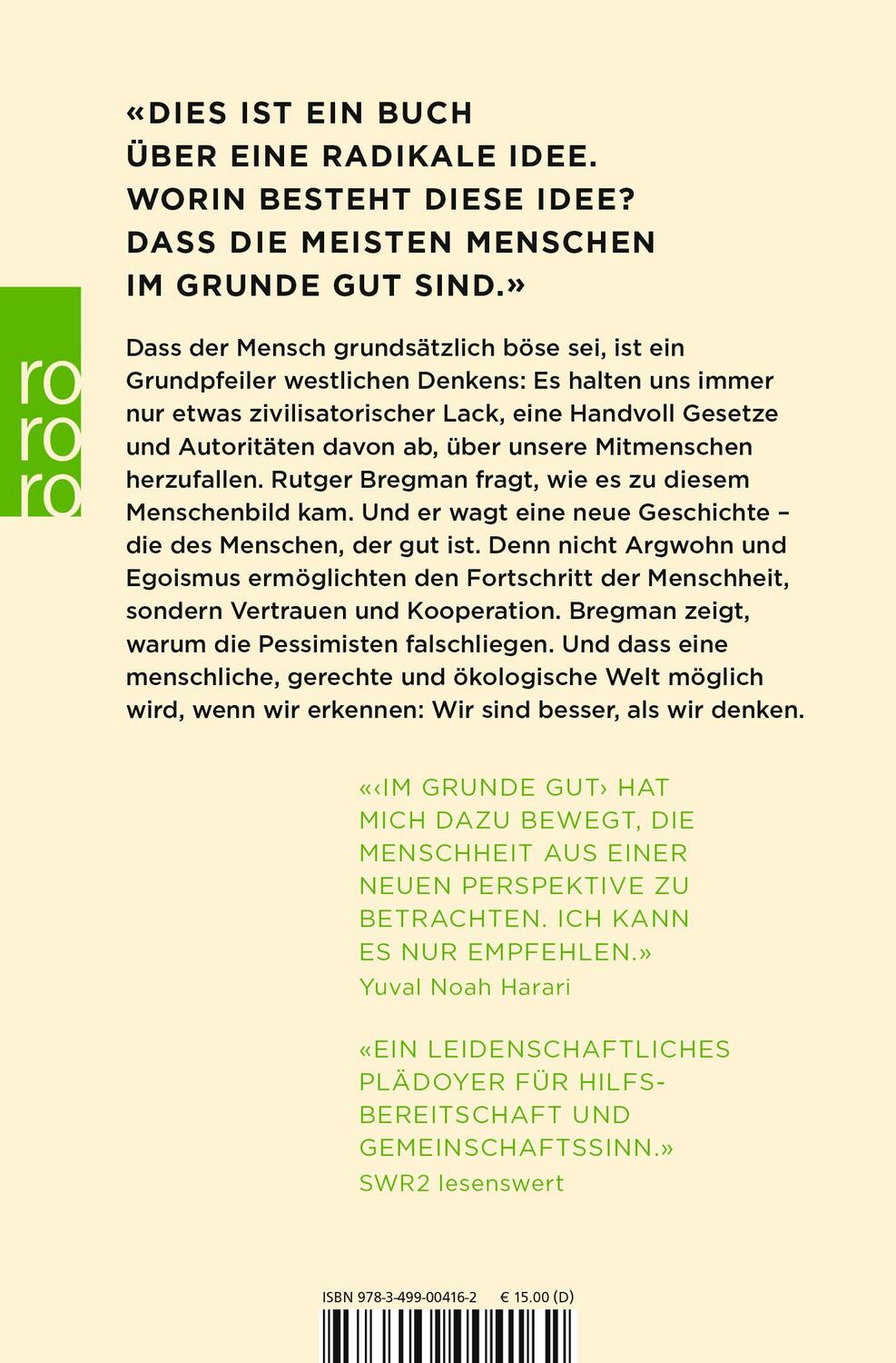 Rückseite: 9783499004162 | Im Grunde gut | Eine neue Geschichte der Menschheit | Rutger Bregman