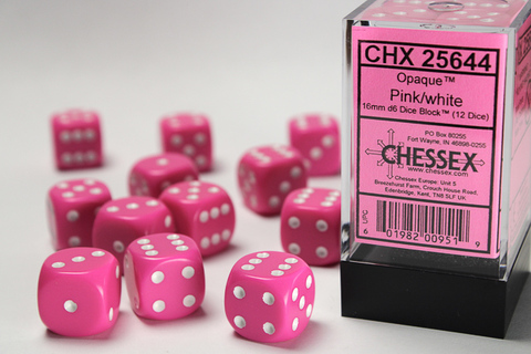 Cover: 601982009519 | Opaque 16mm d6 Pink/white Dice Block™ (12 dice) | Chessex