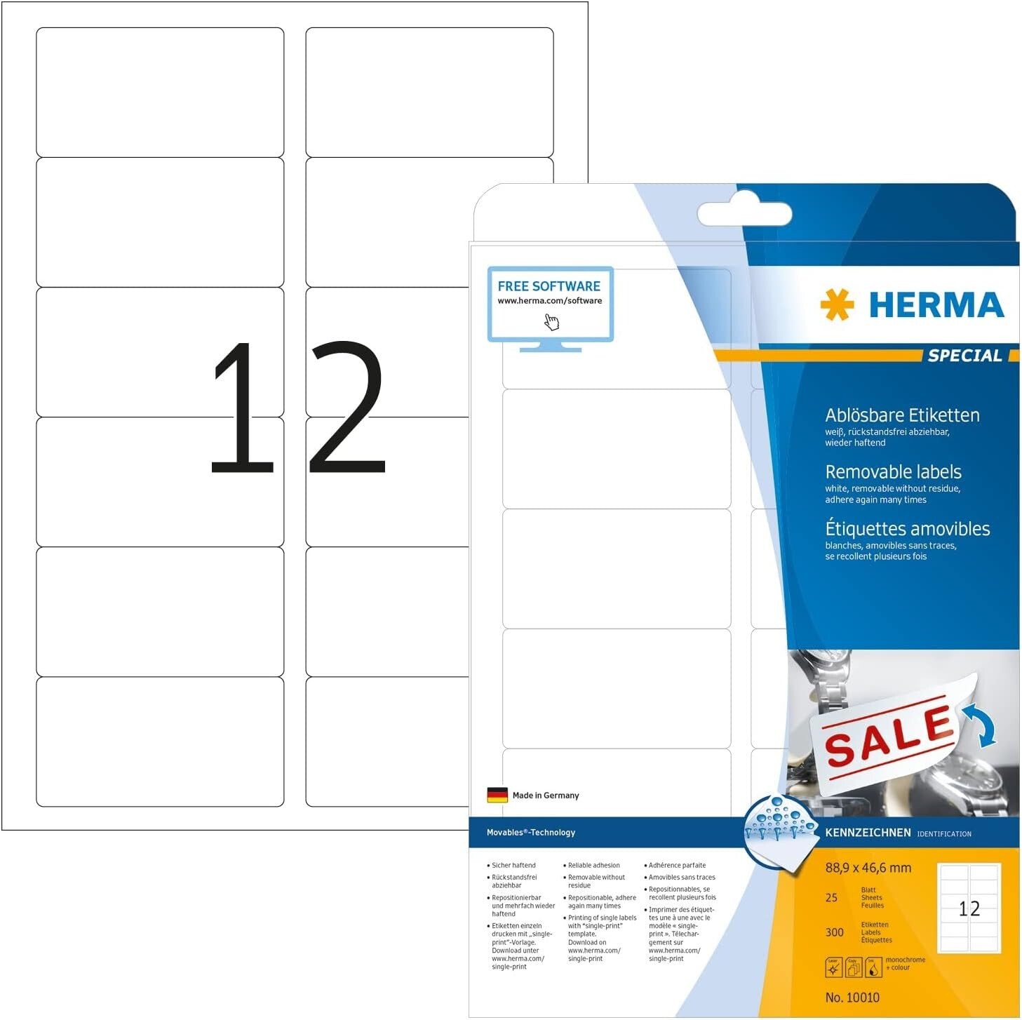 Cover: 4008705100106 | Herma Etiketten A4 20mm rechteckig 88,9x46,6, 25 Blatt, 300 Stück