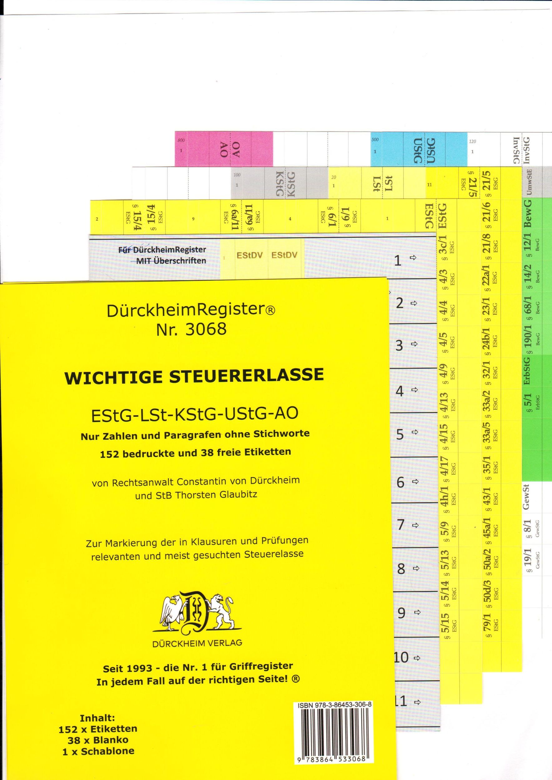 Cover: 9783864533068 | DürckheimRegister® STEUERERLASSE Gesetze und §§, OHNE Stichworte