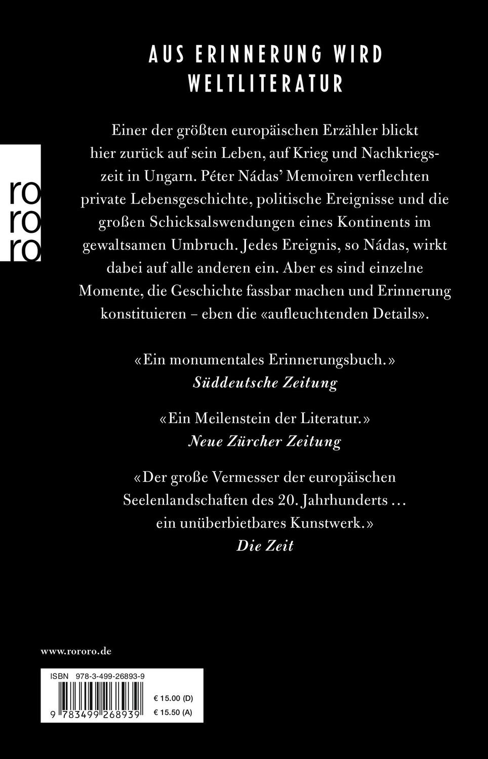 Rückseite: 9783499268939 | Aufleuchtende Details | Memoiren eines Erzählers | Péter Nádas | Buch