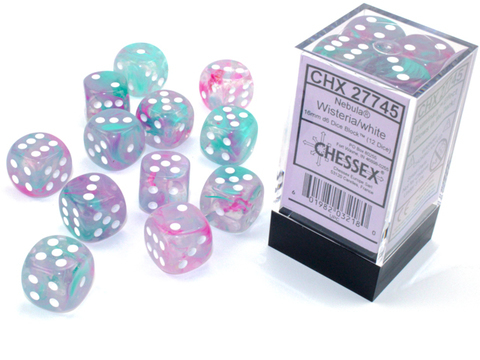 Cover: 601982032180 | Nebula® 16mm d6 Wisteria/white Luminary™ Dice Block™ (12 dice)