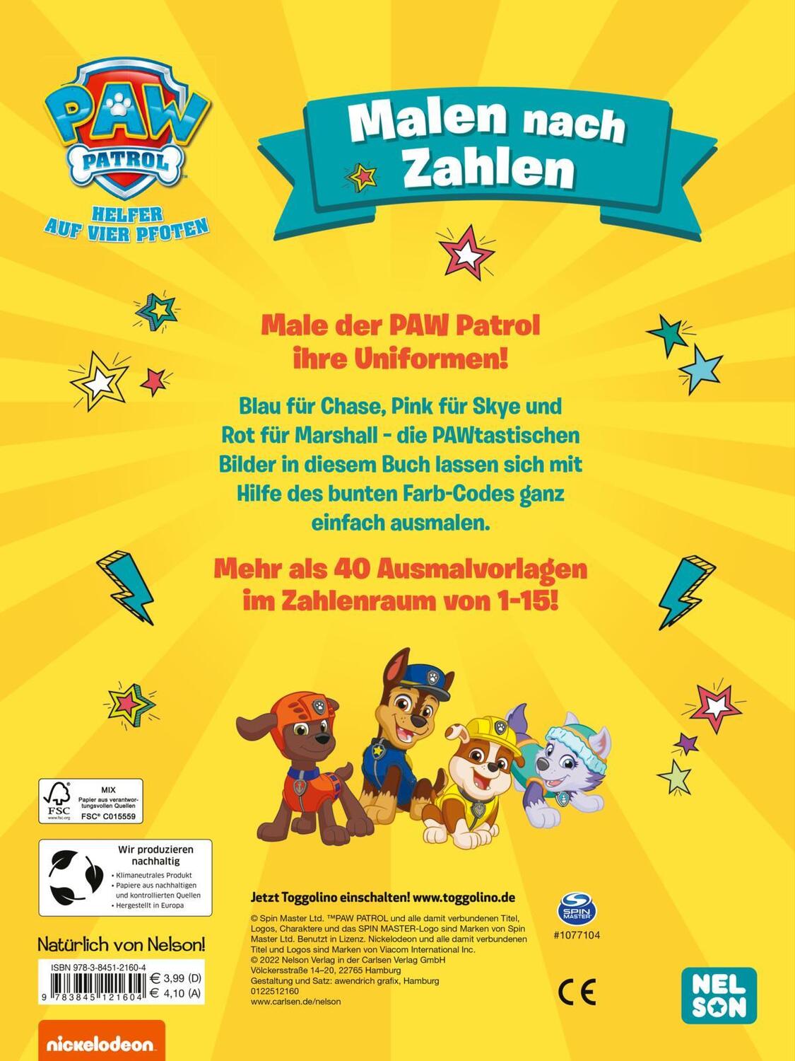 Rückseite: 9783845121604 | PAW Patrol Kindergartenheft: Malen nach Zahlen | Taschenbuch | 48 S.