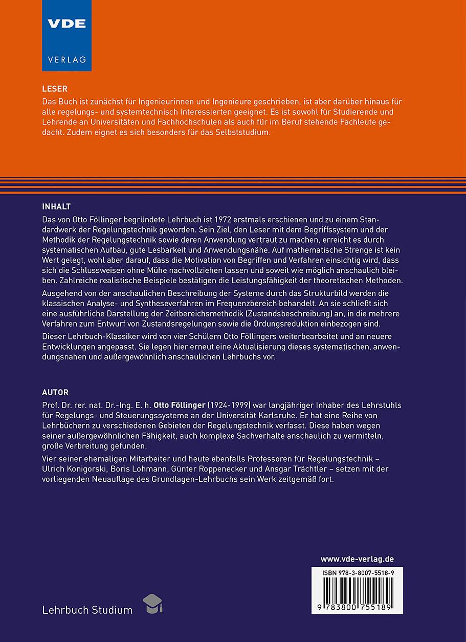 Rückseite: 9783800755189 | Regelungstechnik | Einführung in die Methoden und ihre Anwendung | XVI