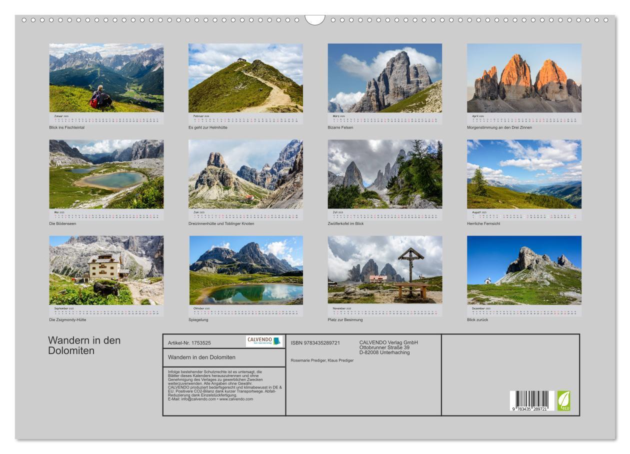 Bild: 9783435289721 | Wandern in den Dolomiten (Wandkalender 2025 DIN A2 quer), CALVENDO...