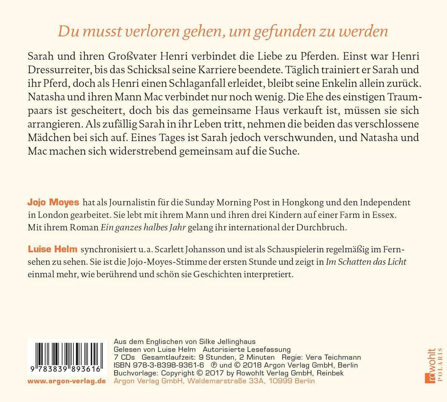 Rückseite: 9783839893616 | Im Schatten das Licht | Jojo Moyes | Audio-CD | Urlaubsaktion | 2018