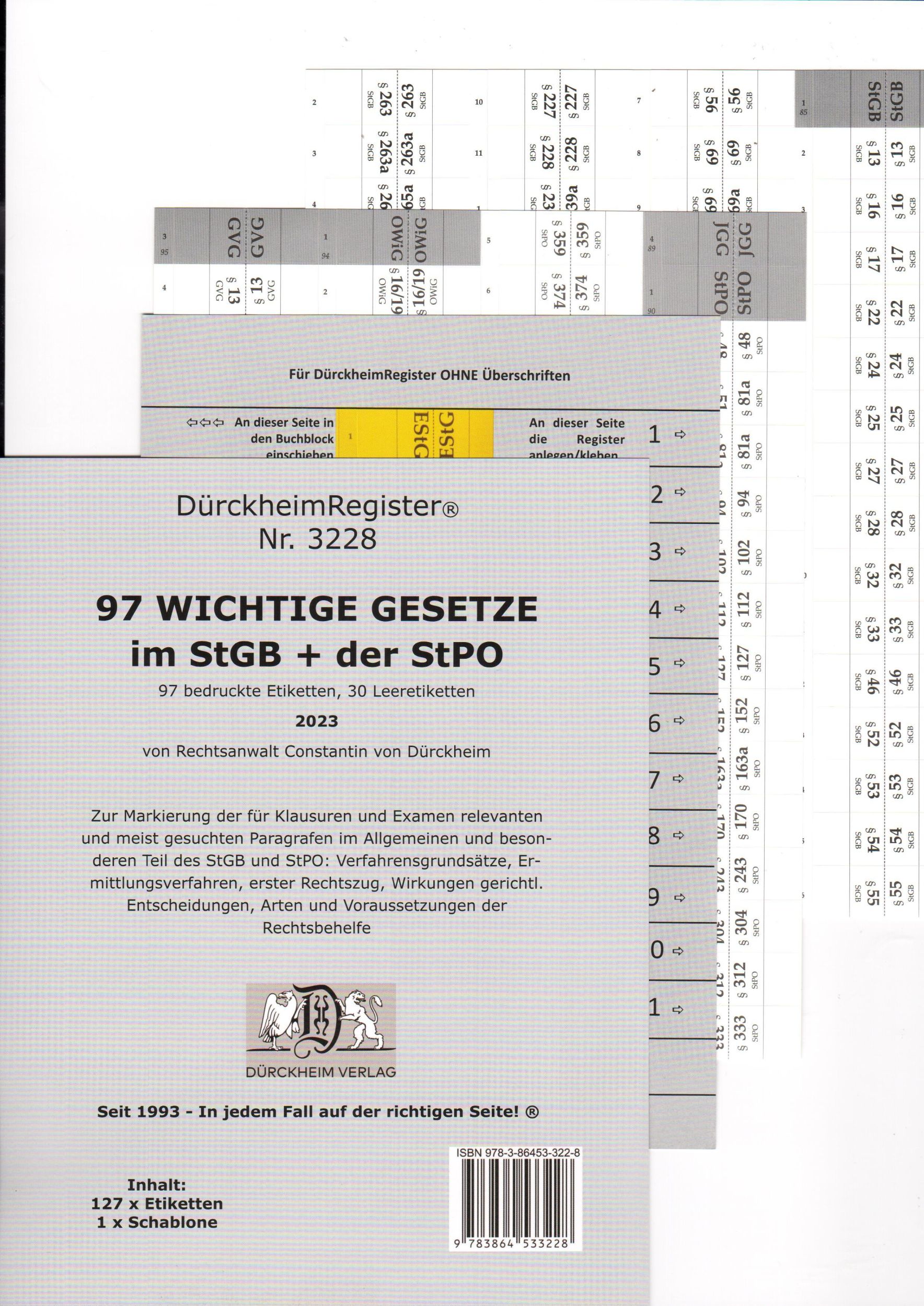 Cover: 9783864533228 | DürckheimRegister® StGB+StPO - 97 WICHTIGE §§ im Strafrecht u....