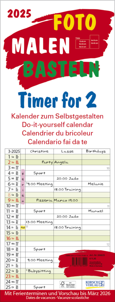 Cover: 9783731875499 | Foto-Malen-Basteln Timer for 2 2025 | Korsch Verlag | Kalender | 14 S.